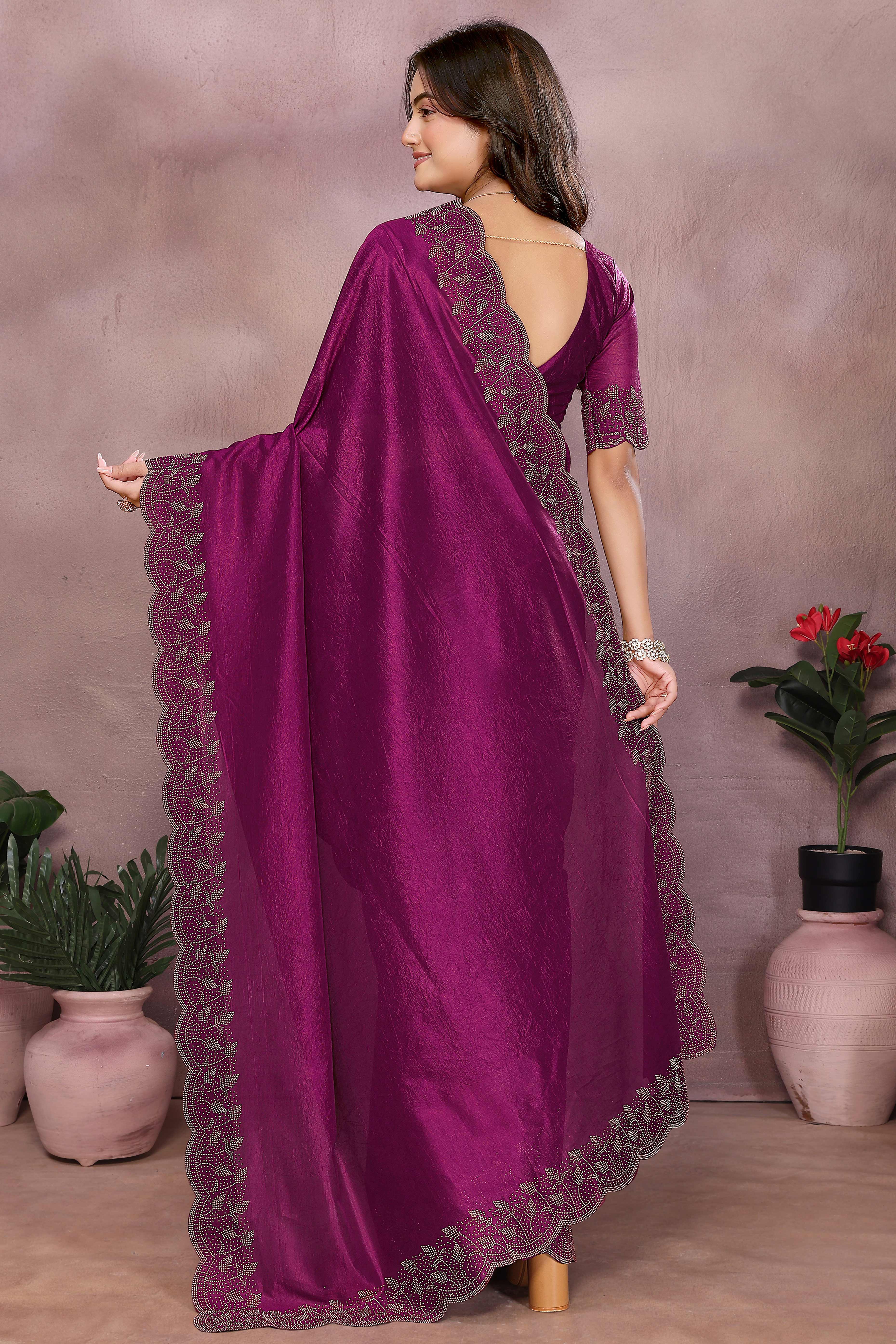 Party Ready Magenta Imported Lycra Saree with Glittering Stone Embroidery - Image 5
