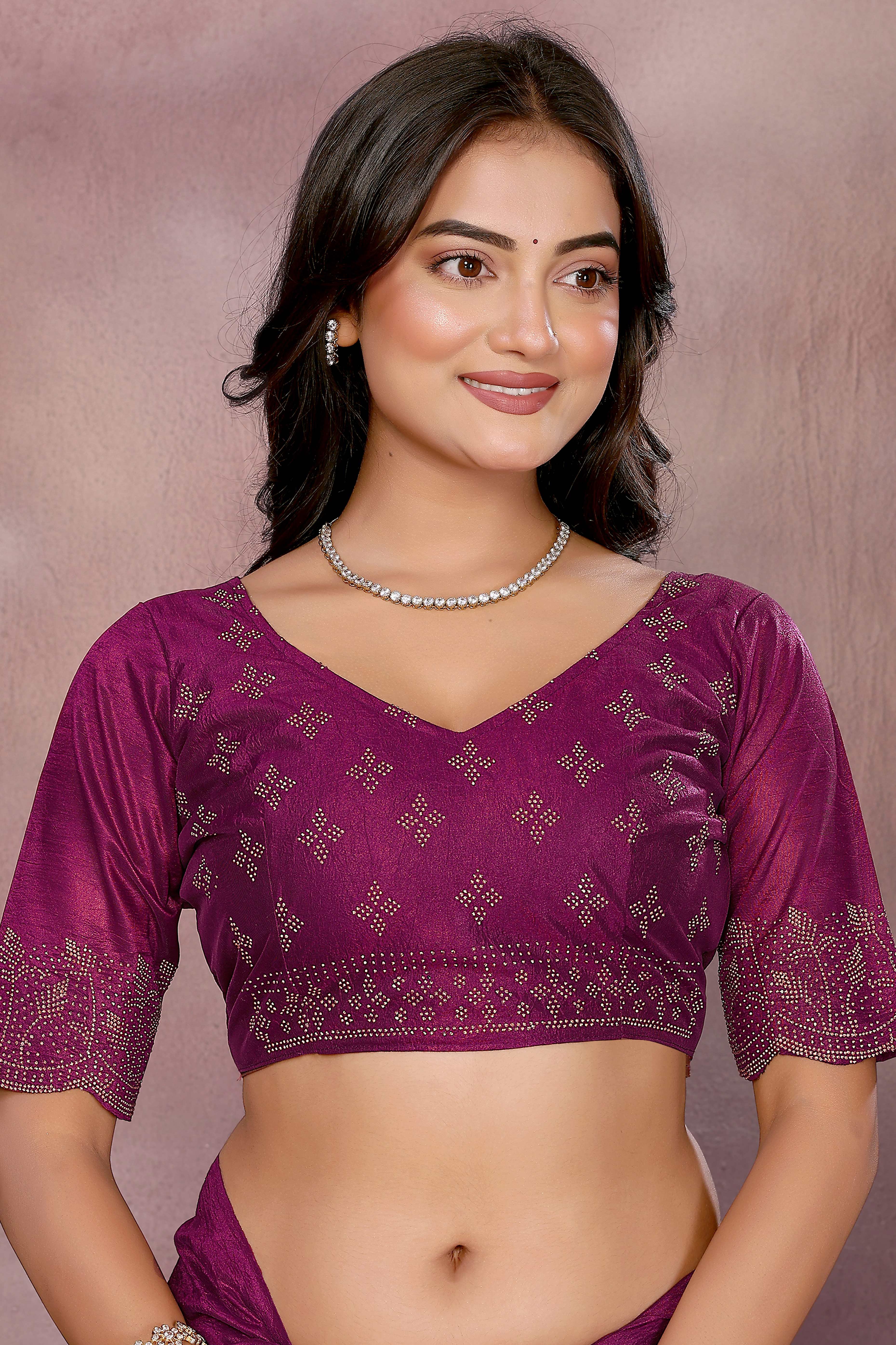 Party Ready Magenta Imported Lycra Saree with Glittering Stone Embroidery - Image 7