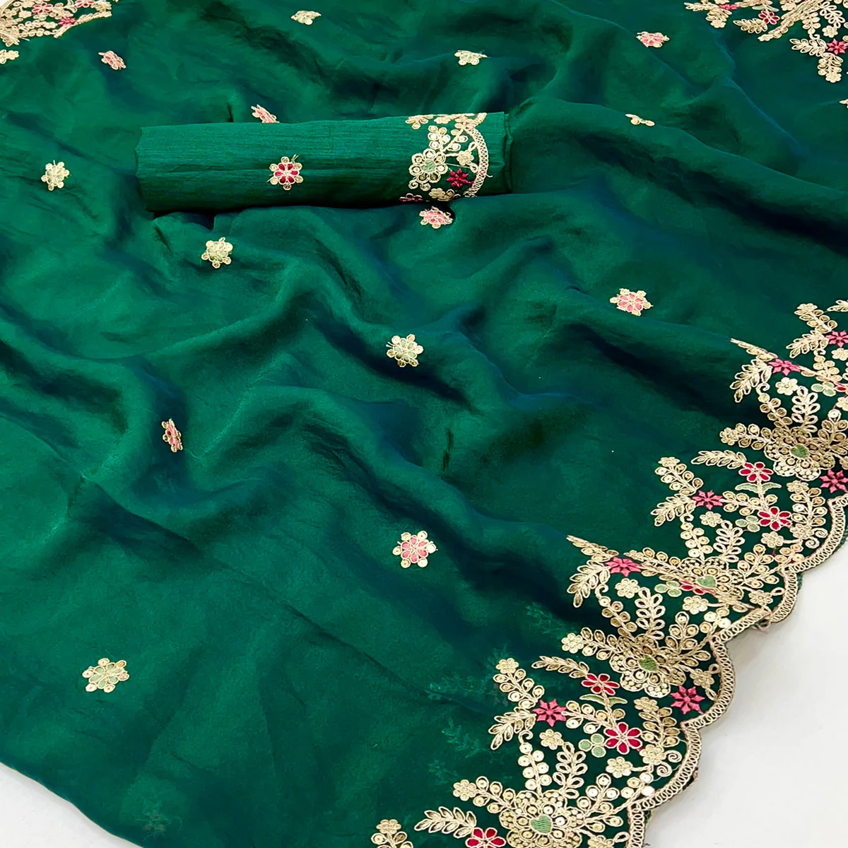 Party Wear Green Floral Embroidered Crepe Saree with Elegant Sequin Finish - Image 2
