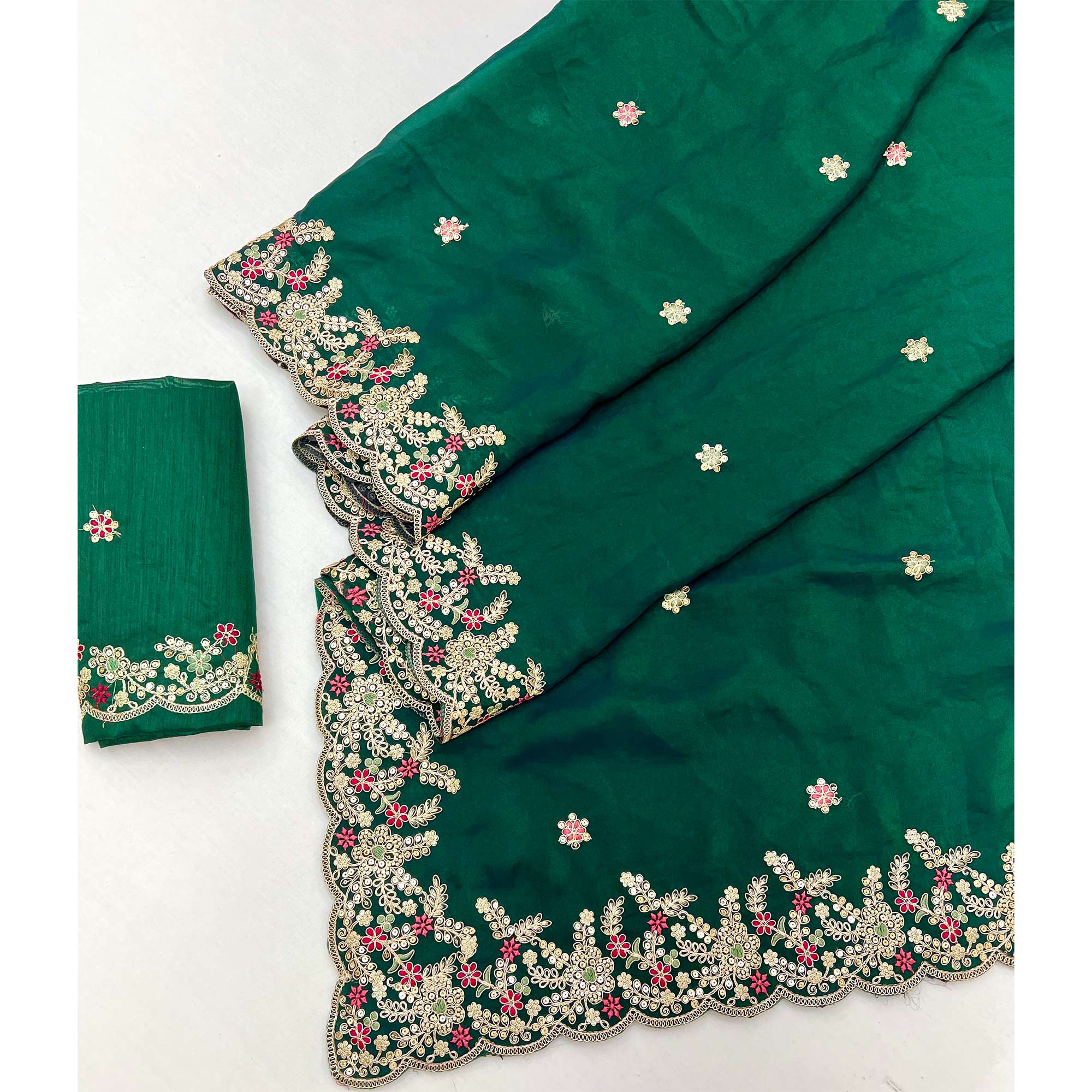 Party Wear Green Floral Embroidered Crepe Saree with Elegant Sequin Finish - Image 3