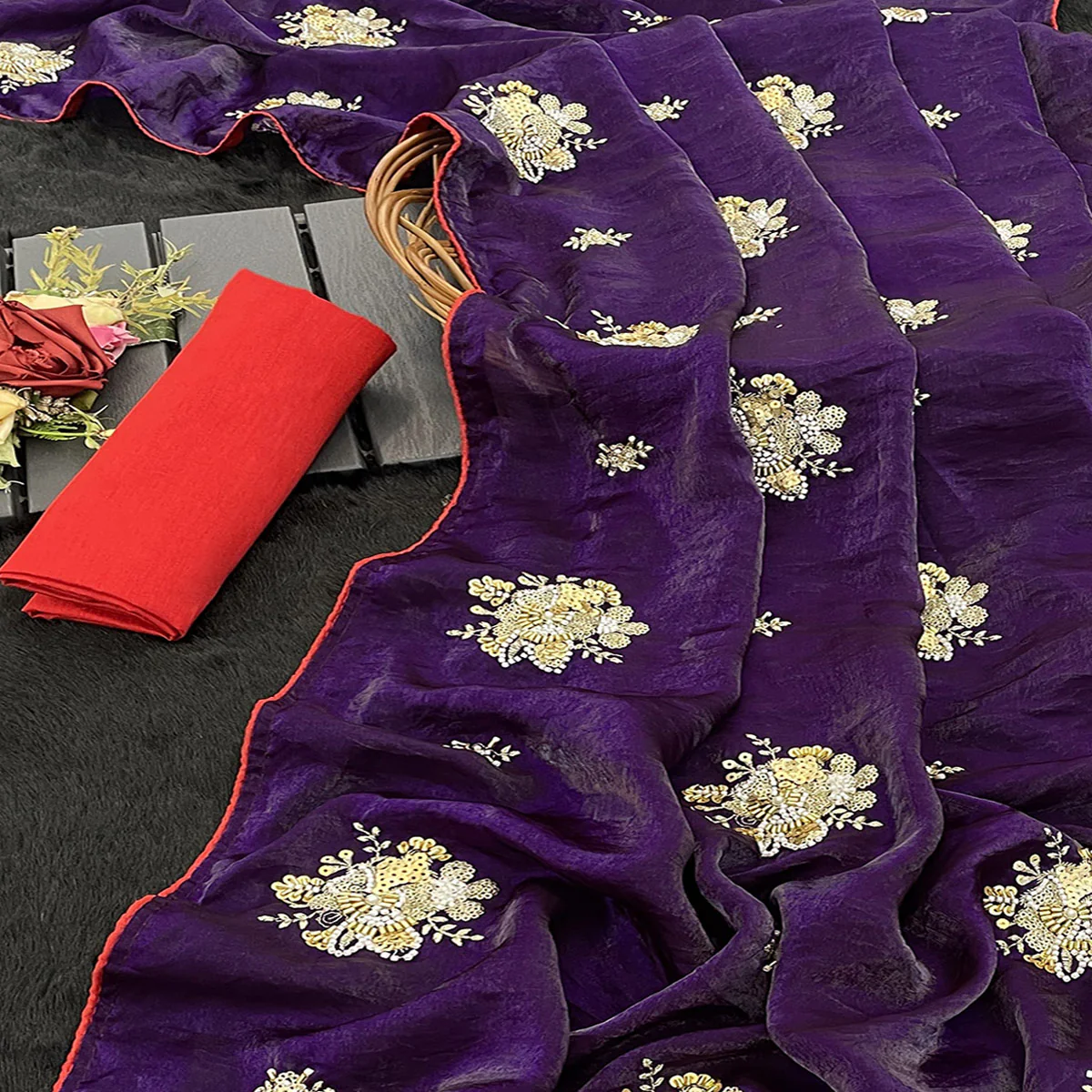 Party Wear Purple Satin Silk Saree with Intricate Bead and Sequin Detailing - Image 2