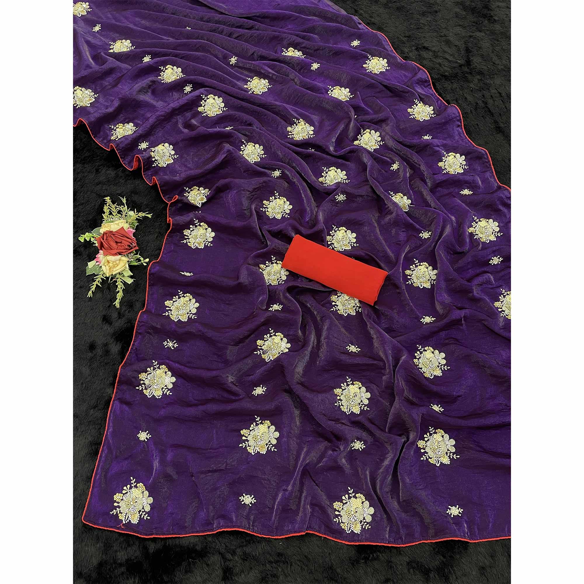Party Wear Purple Satin Silk Saree with Intricate Bead and Sequin Detailing - Image 5