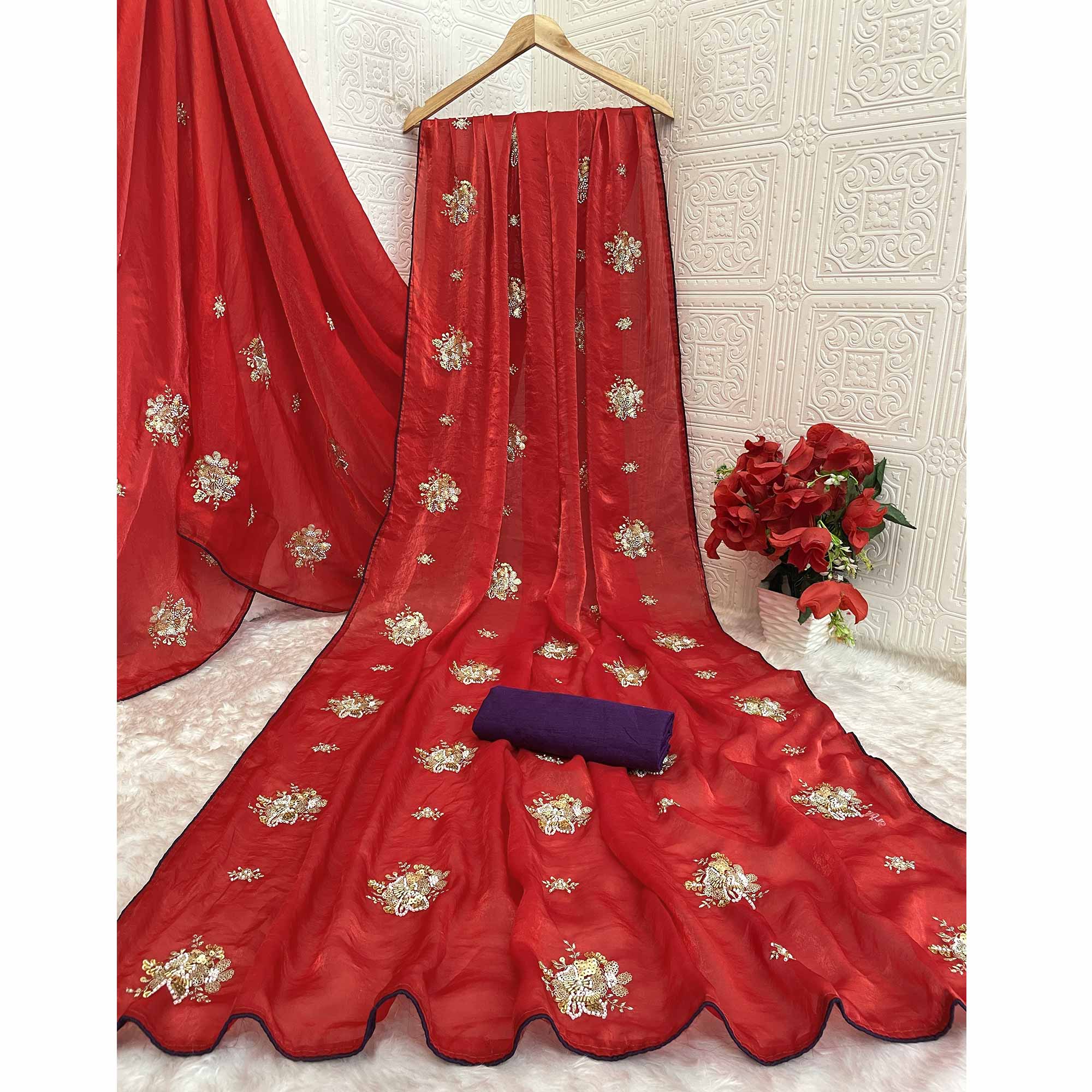 Party Wear Red Satin Silk Saree with Intricate Bead and Sequin Detailing - Image 6