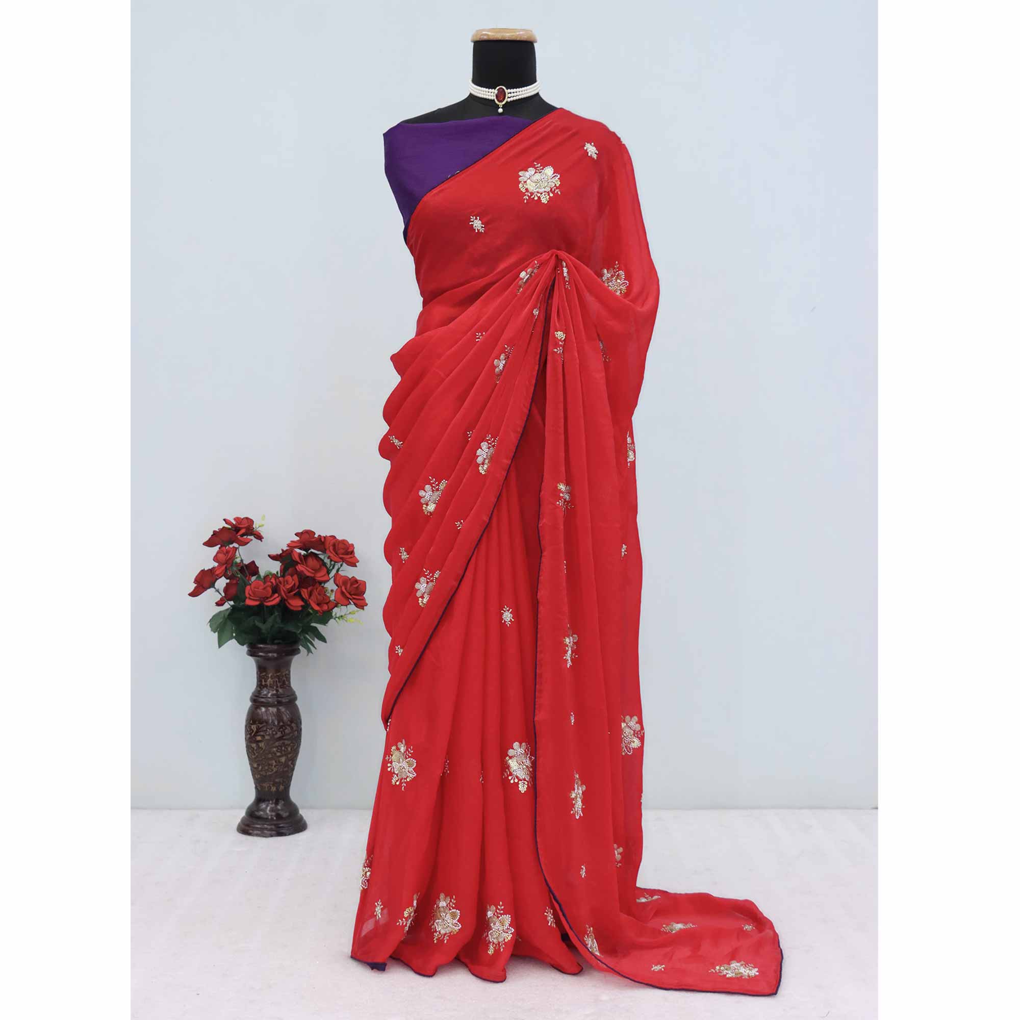 Party Wear Red Satin Silk Saree with Intricate Bead and Sequin Detailing - Image 7