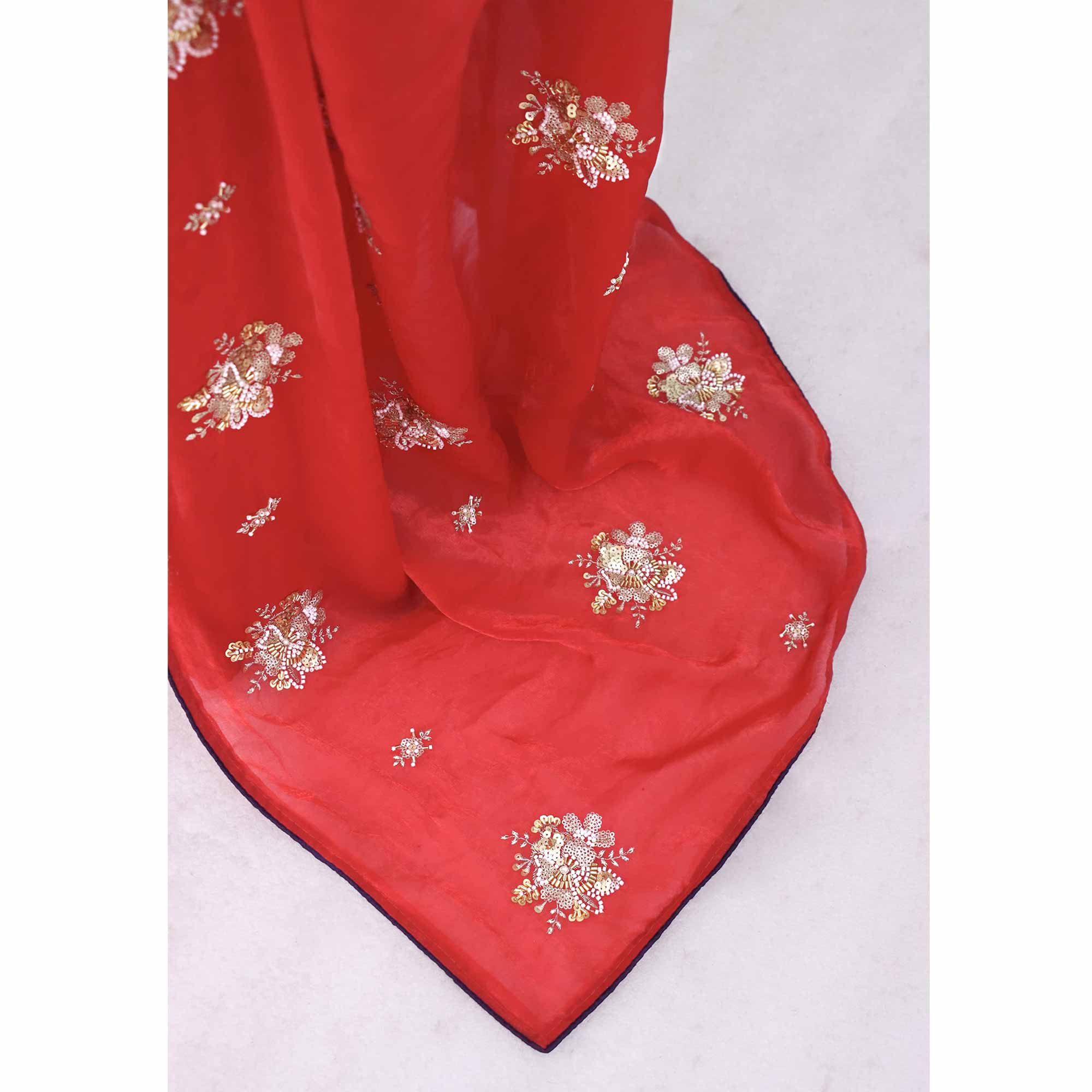Party Wear Red Satin Silk Saree with Intricate Bead and Sequin Detailing - Image 9