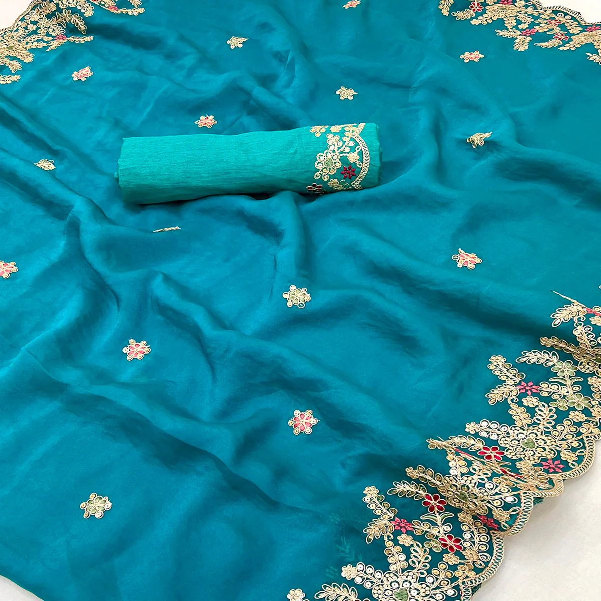 Party Wear Teal Floral Embroidered Crepe Saree with Elegant Sequin Finish - Image 2