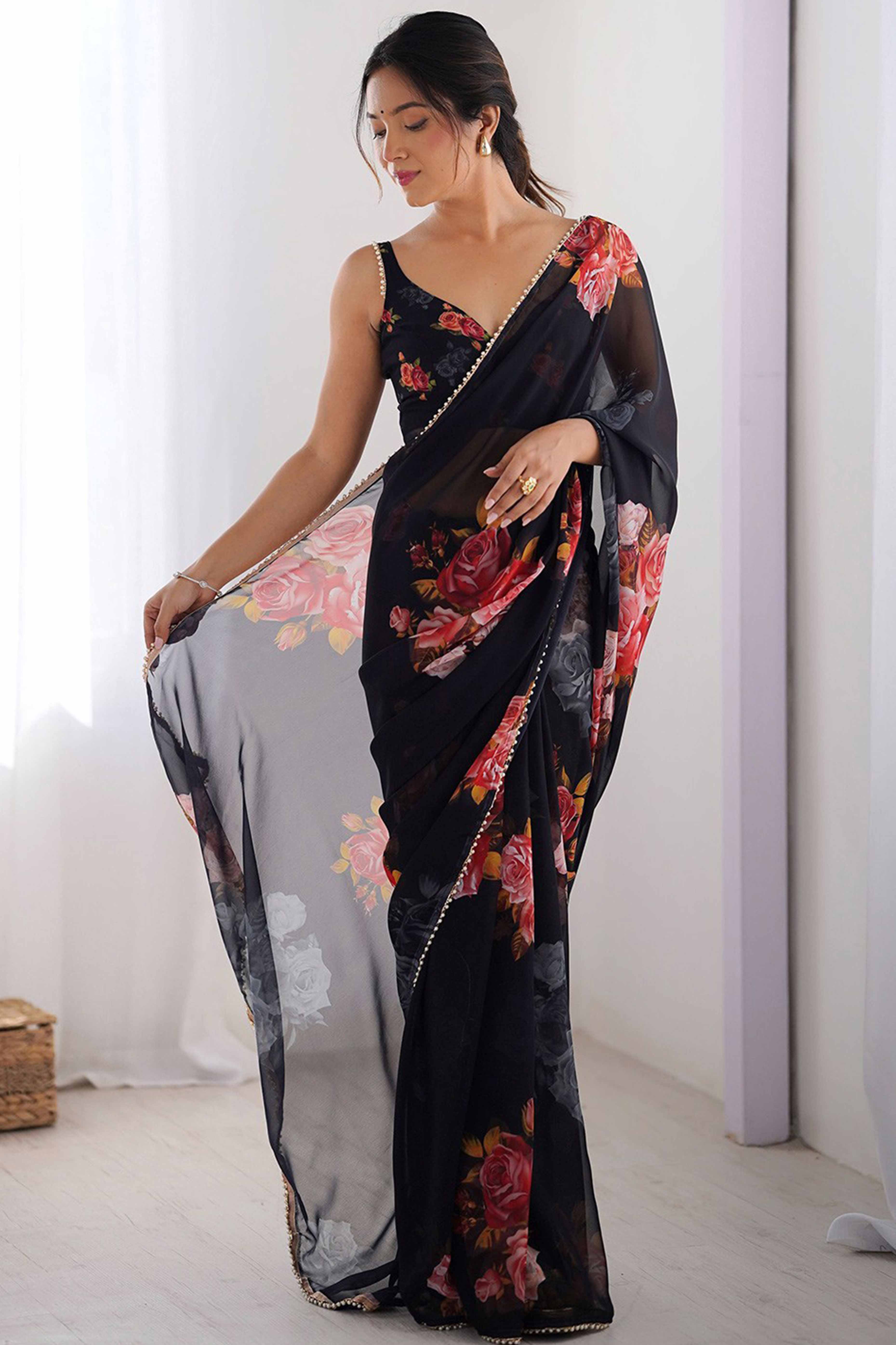 Partywear Black Georgette Saree with Floral Prints and Bead Work Lace - Image 4