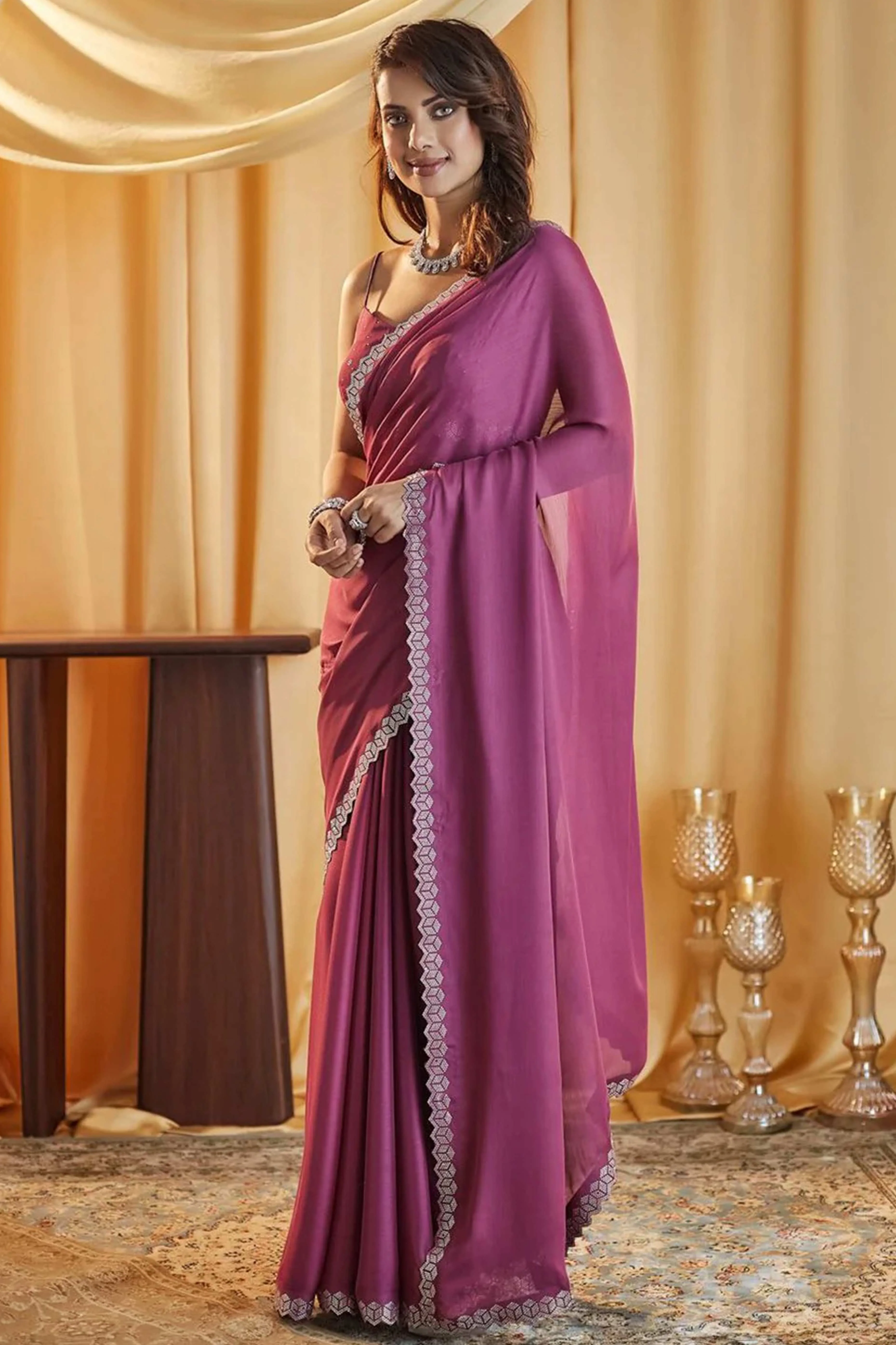 Partywear Mauve Chiffon Saree Adorned with Sparkling Stones - Image 3