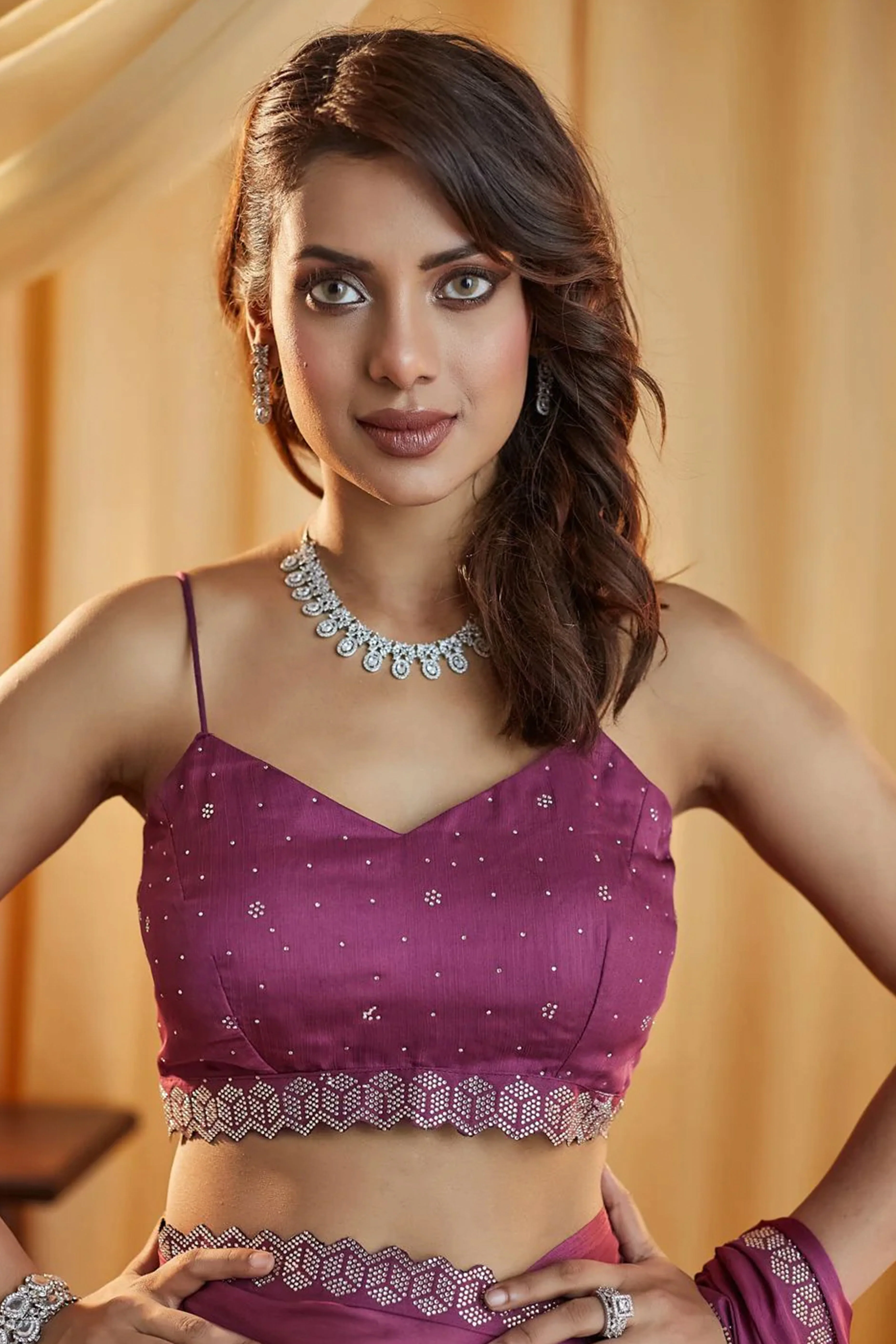 Partywear Mauve Chiffon Saree Adorned with Sparkling Stones - Image 6