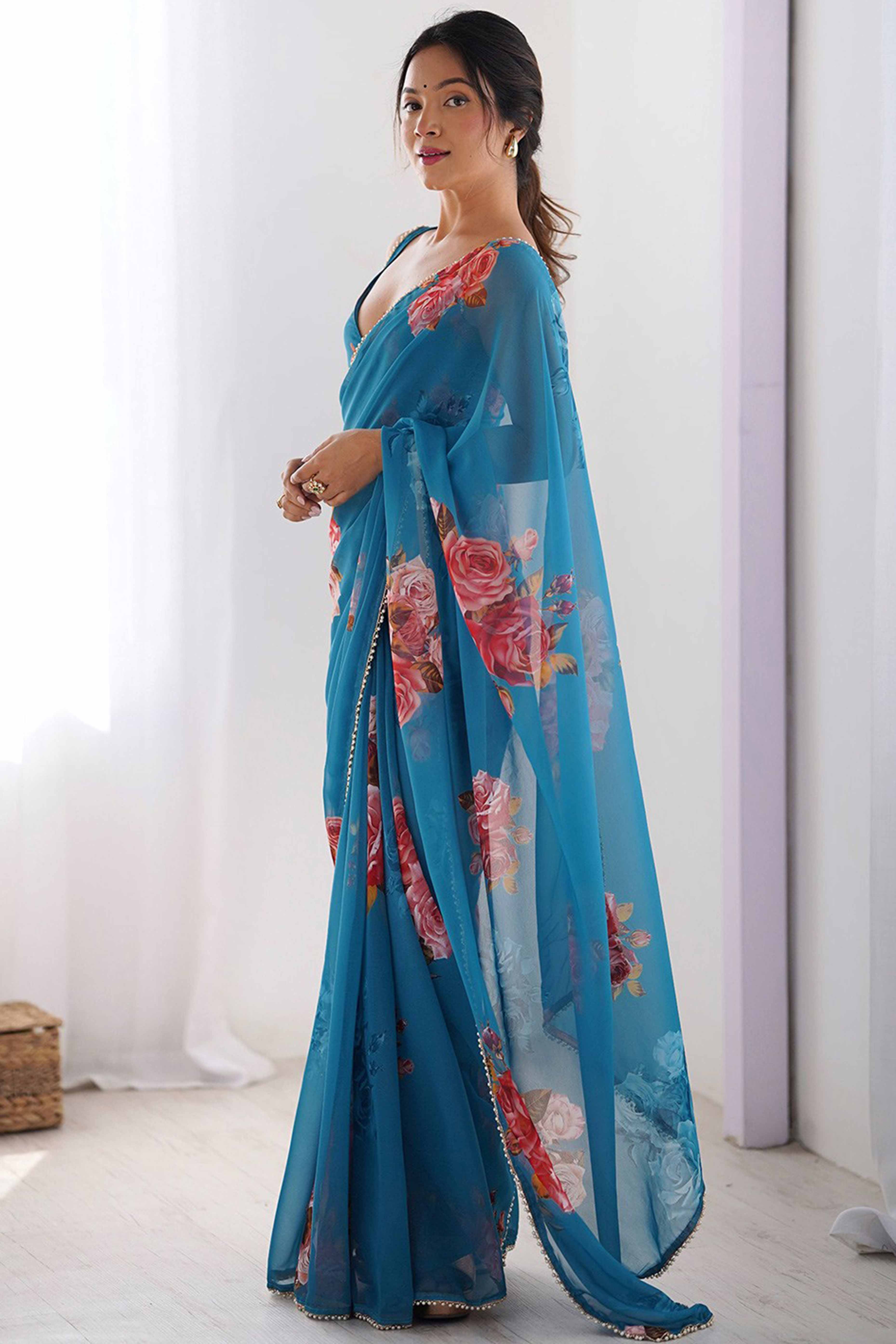 Partywear Teal Georgette Saree with Floral Prints and Bead Work Lace - Image 3