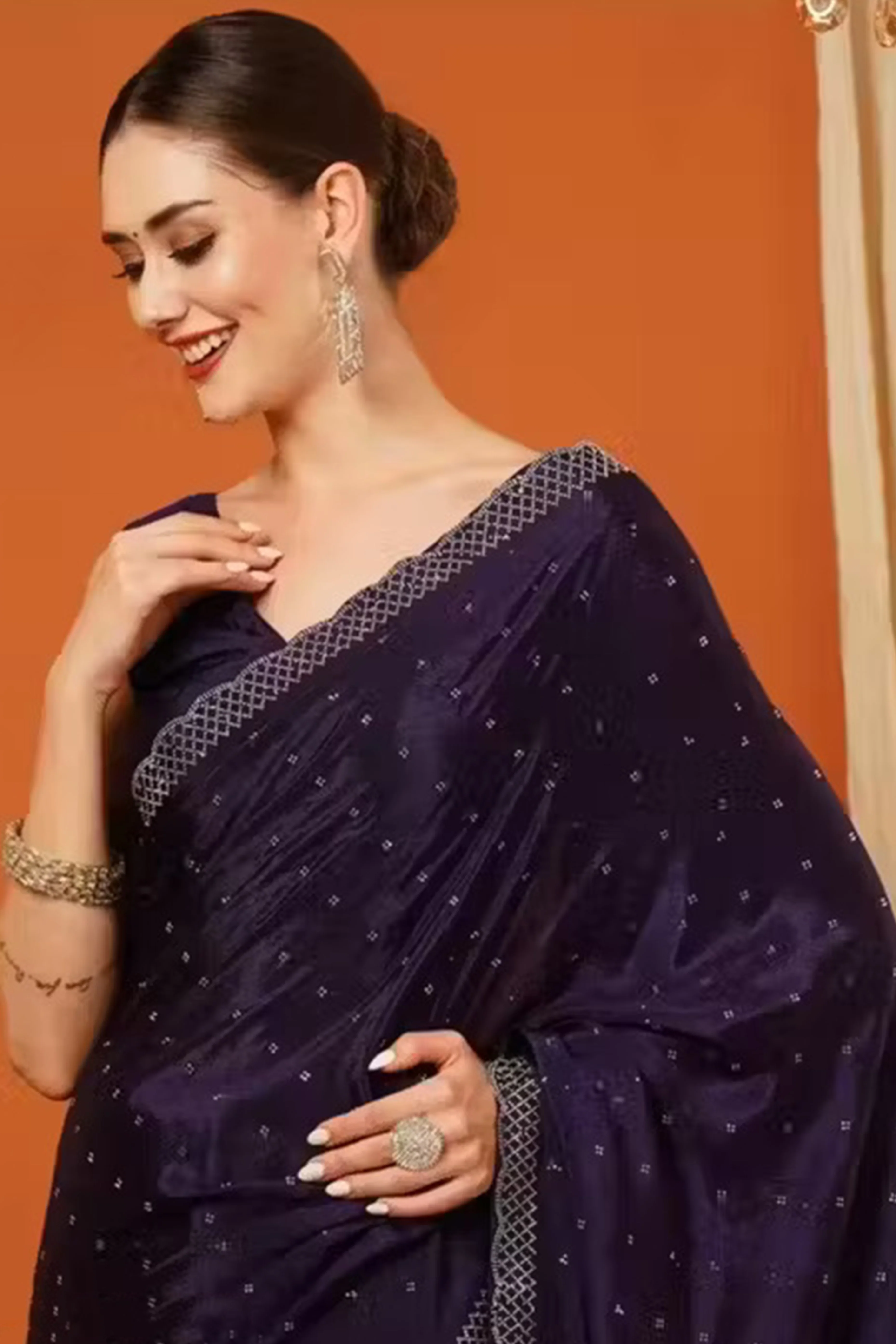Partywear Wine Vichitra Silk Saree Highlighted with Sparkling Swarovski Stones - Image 4