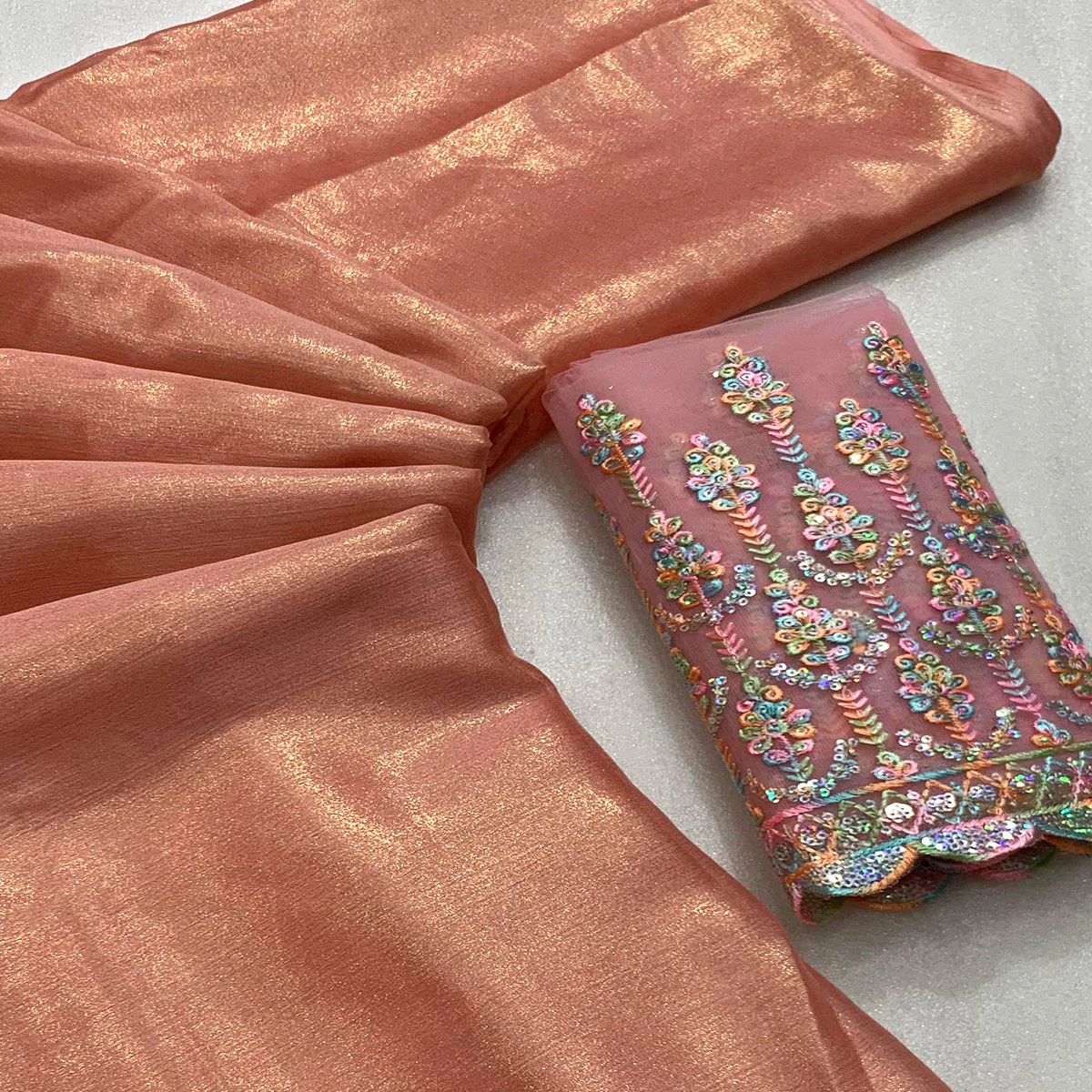 Peach Gold Coating Solid Chiffon Saree - Image 2
