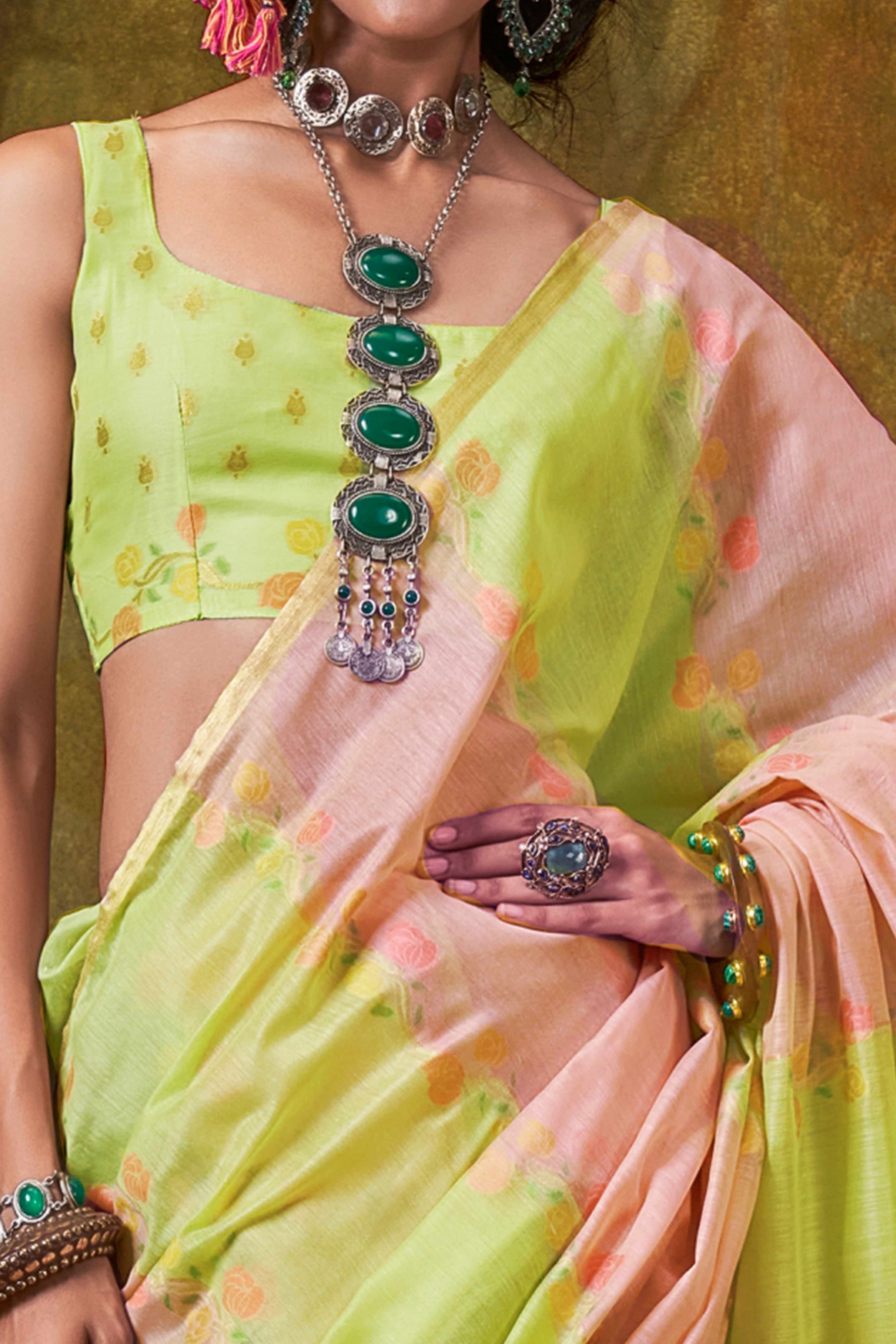 Pastel Green & Light Pink Floral Handwoven Cotton Blend Saree - Image 2