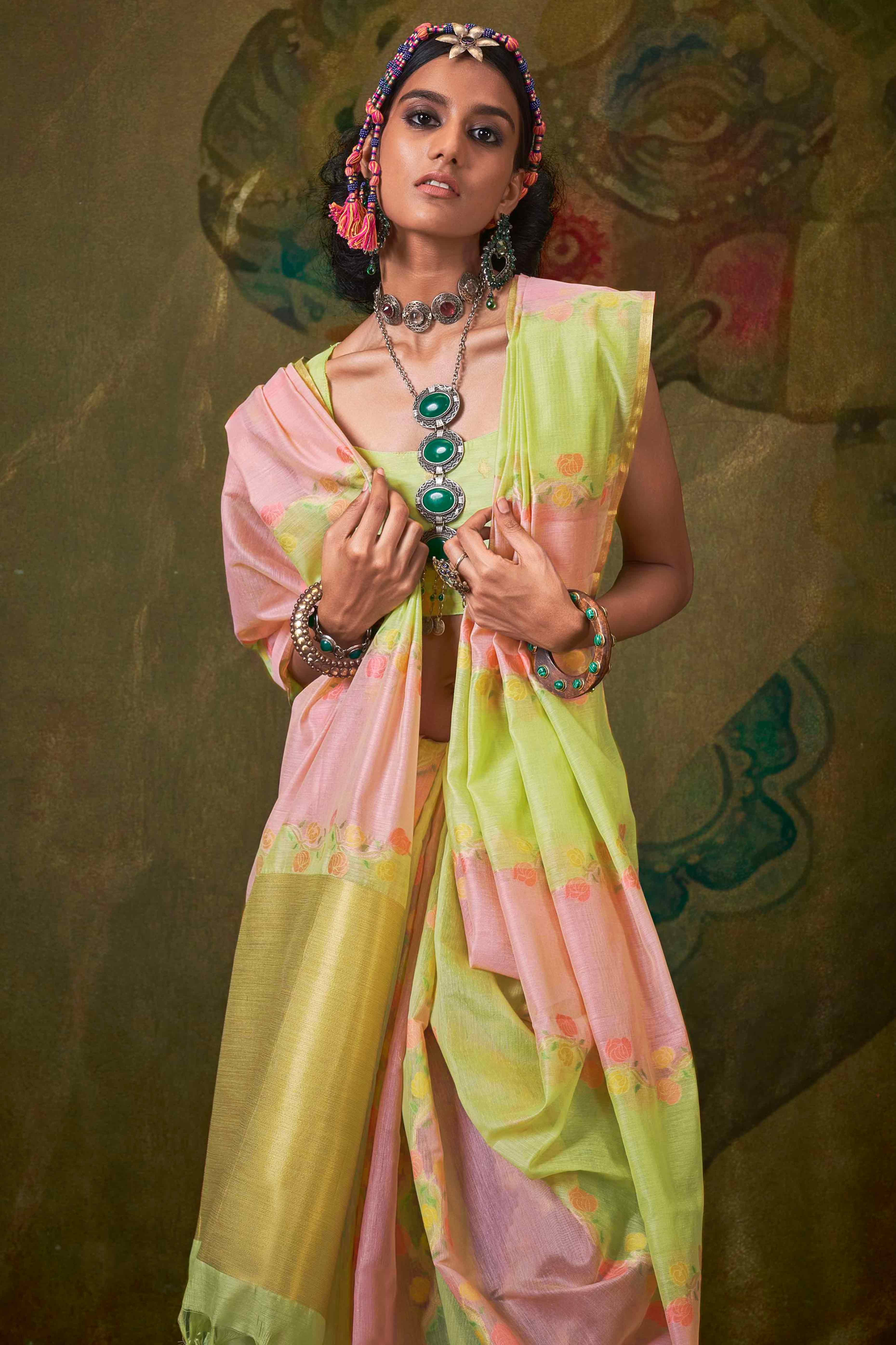 Pastel Green & Light Pink Floral Handwoven Cotton Blend Saree - Image 3