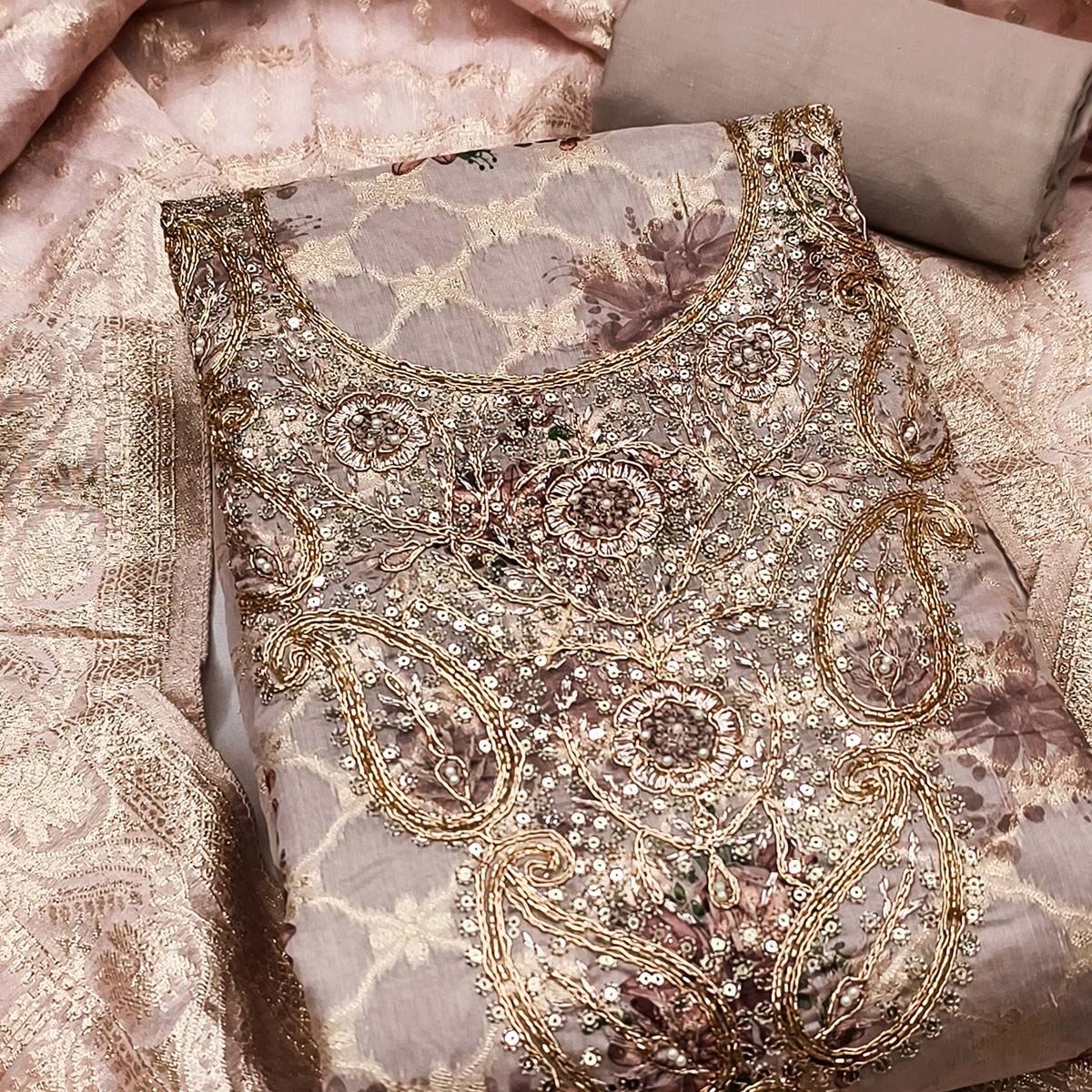 Pastel Mauve Floral Weaving & Digital Printed Banarasi Silk Dress Material With Cording Embroidery - Image 2