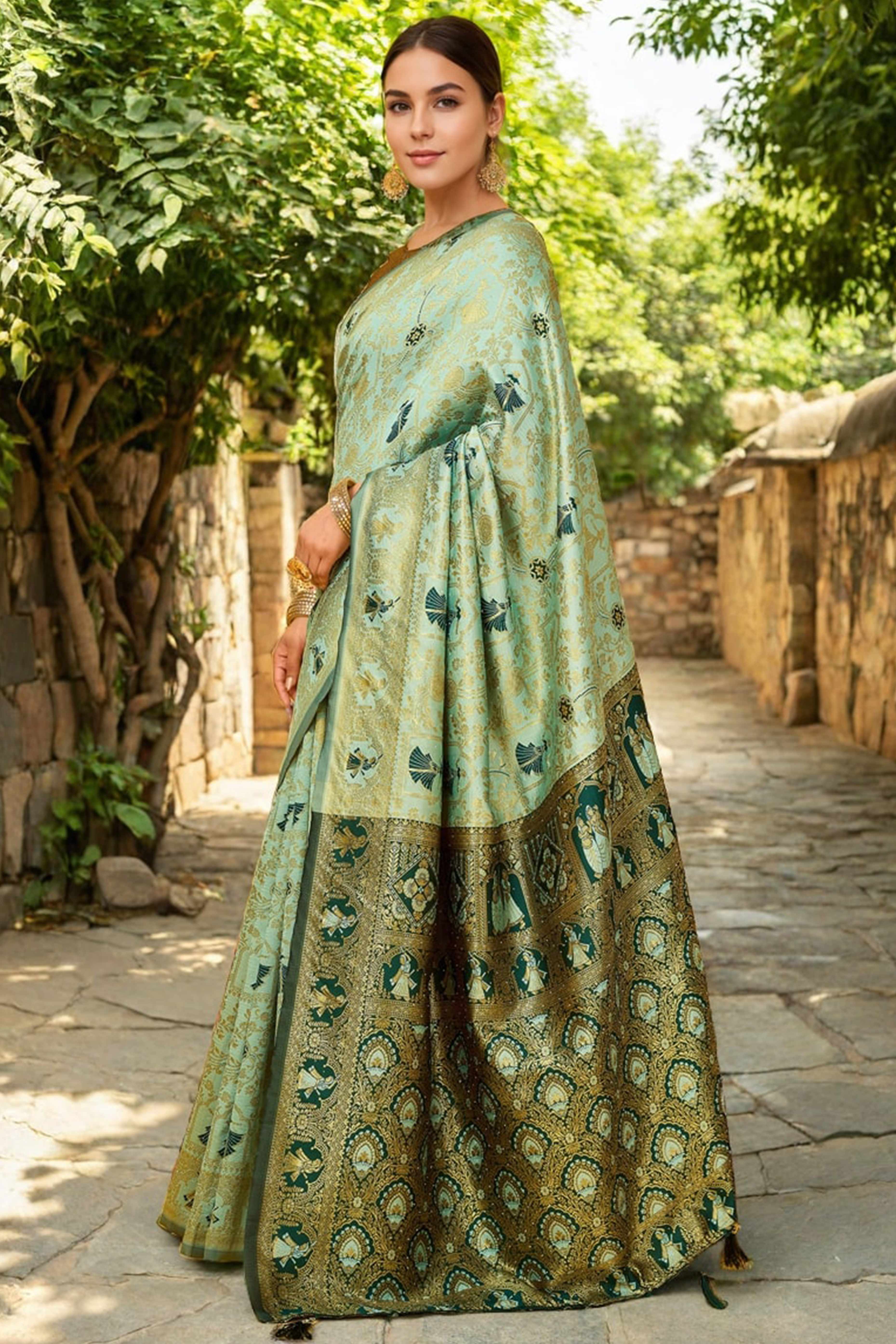 Pastel Mint Green Paithani Saree In Silk Blend Highlighted With Floral Weaving & Tasselled Edge - Image 3