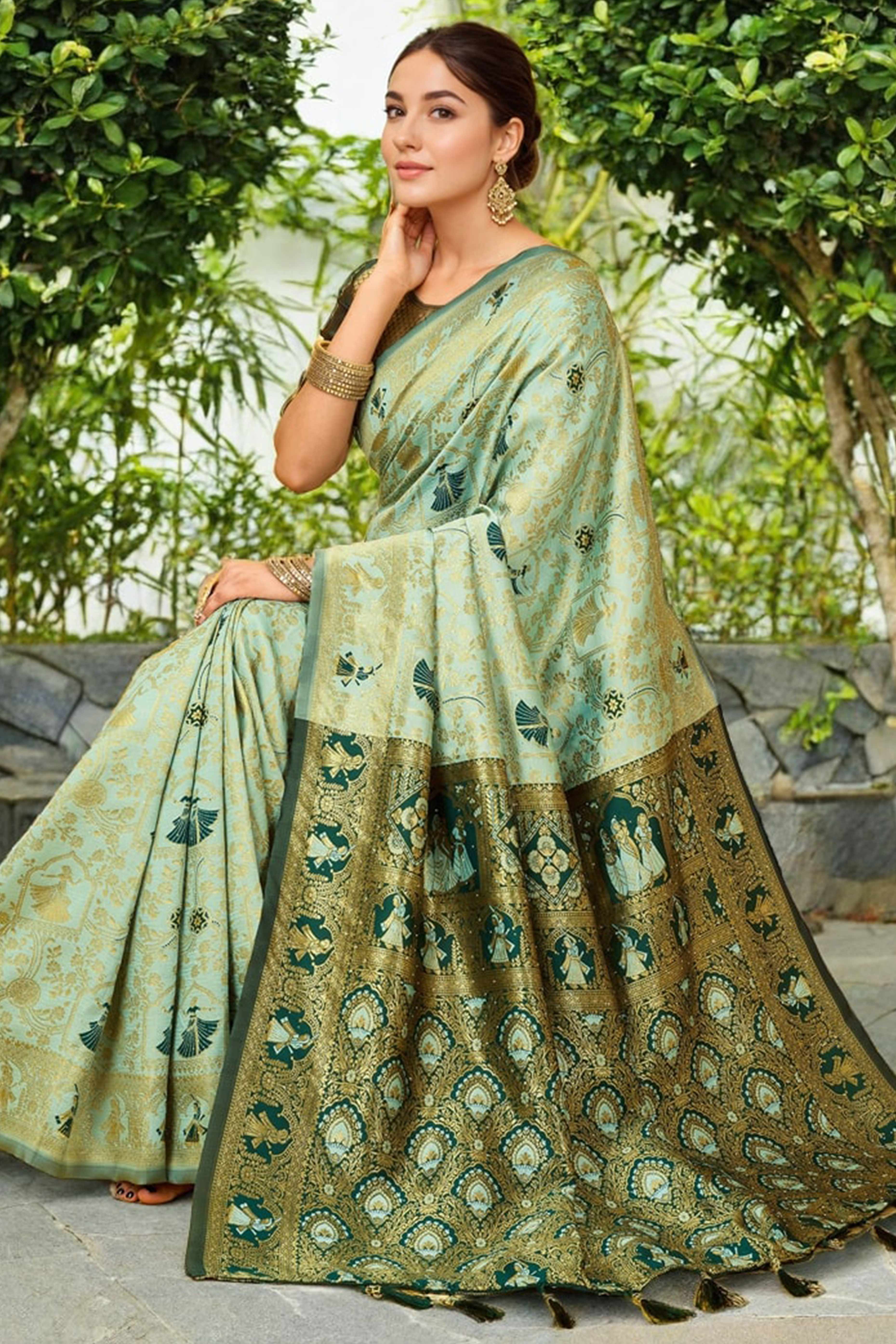 Pastel Mint Green Paithani Saree In Silk Blend Highlighted With Floral Weaving & Tasselled Edge - Image 4