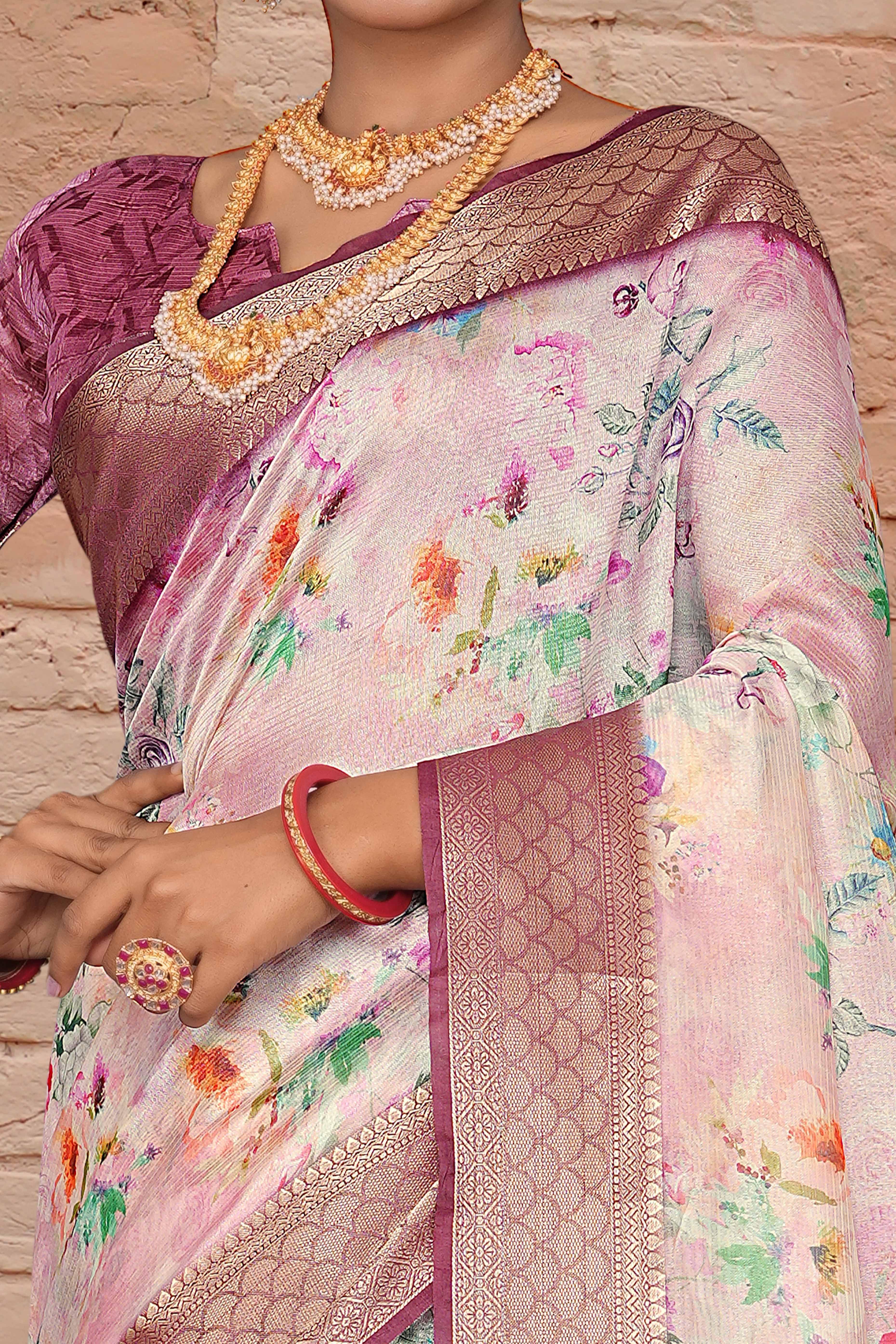 Pastel Pink Floral Digital Printed Silk Blend Saree With Intricate Weaving Border & Tassel Pallu - Image 2