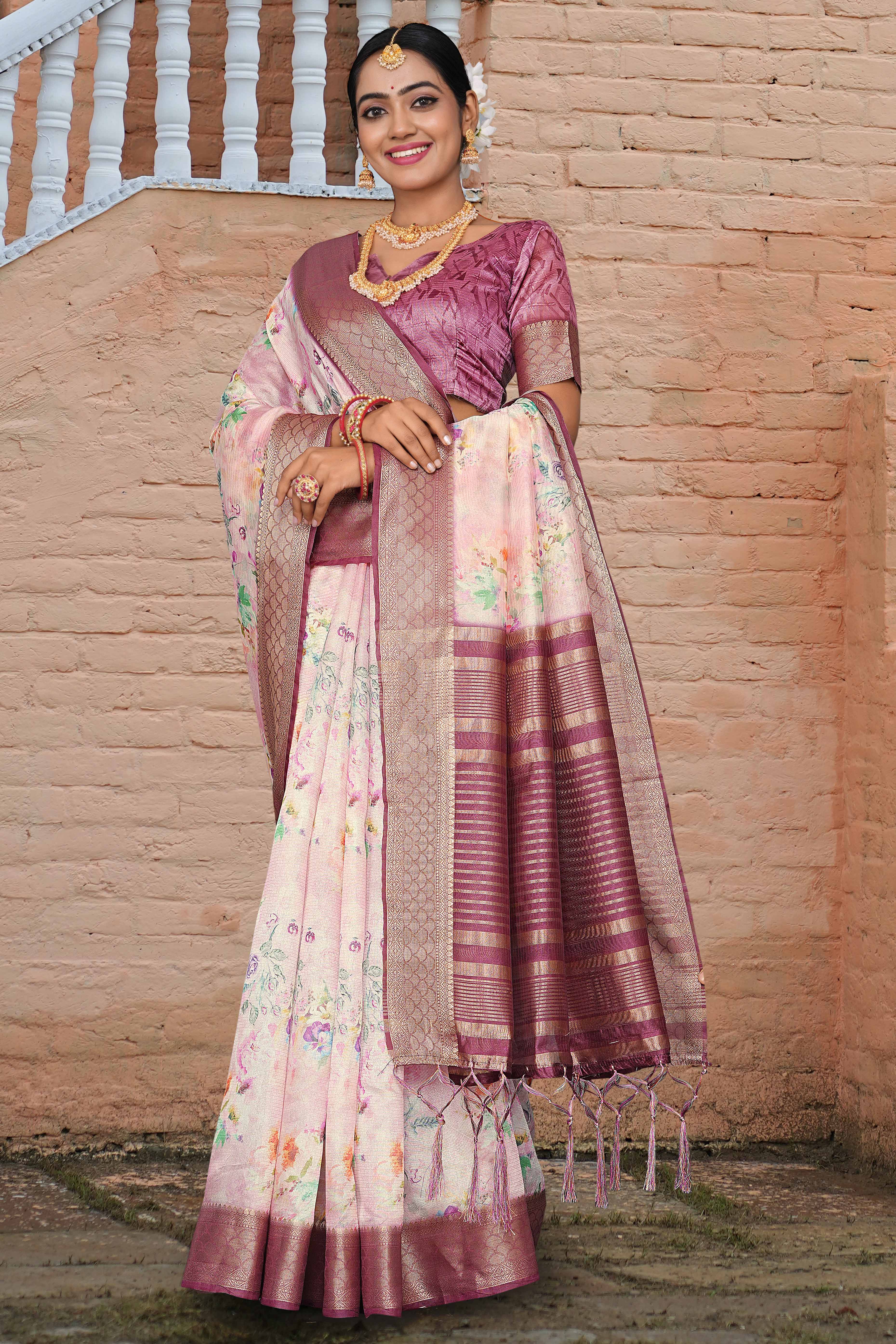 Pastel Pink Floral Digital Printed Silk Blend Saree With Intricate Weaving Border & Tassel Pallu - Image 3