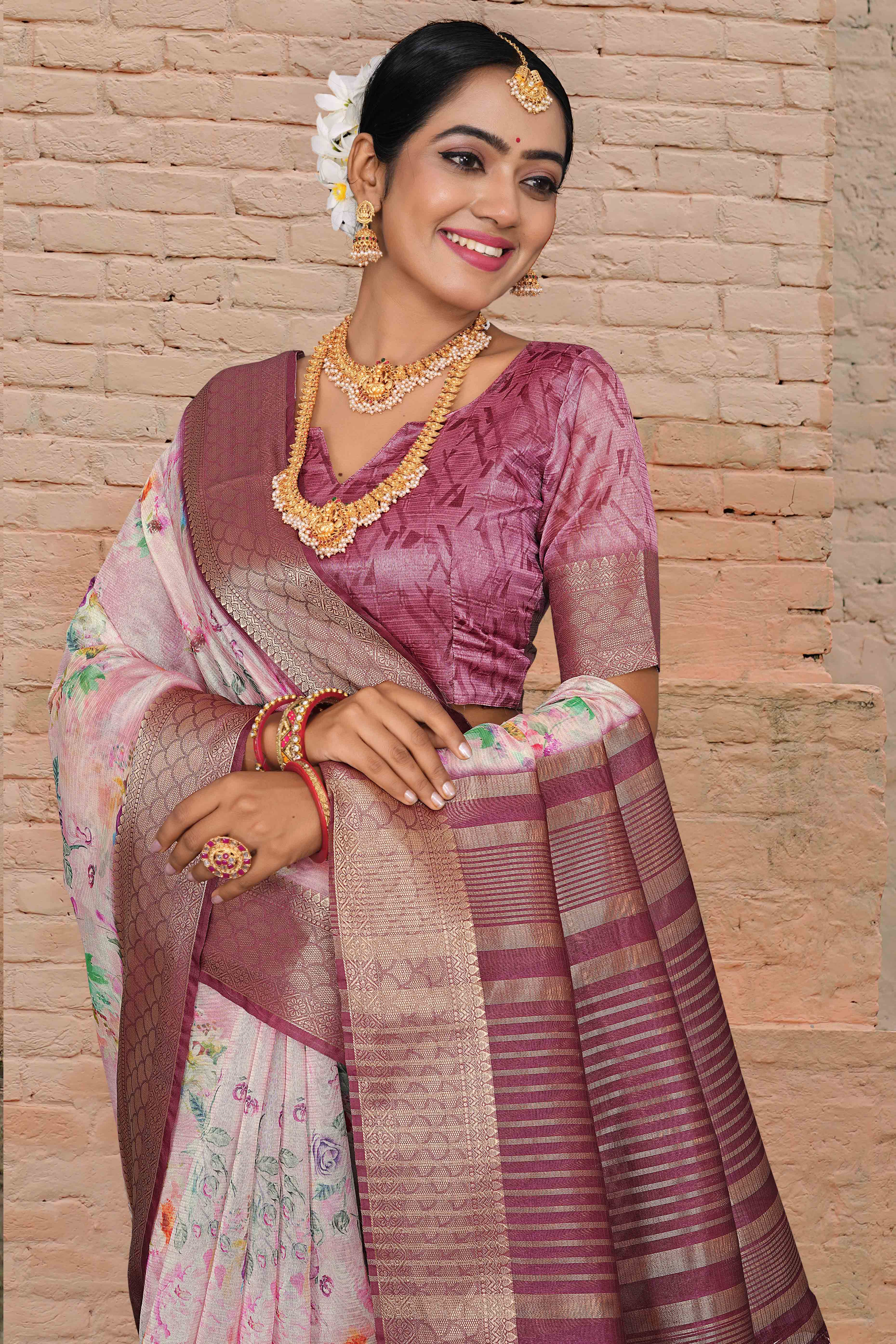 Pastel Pink Floral Digital Printed Silk Blend Saree With Intricate Weaving Border & Tassel Pallu - Image 5