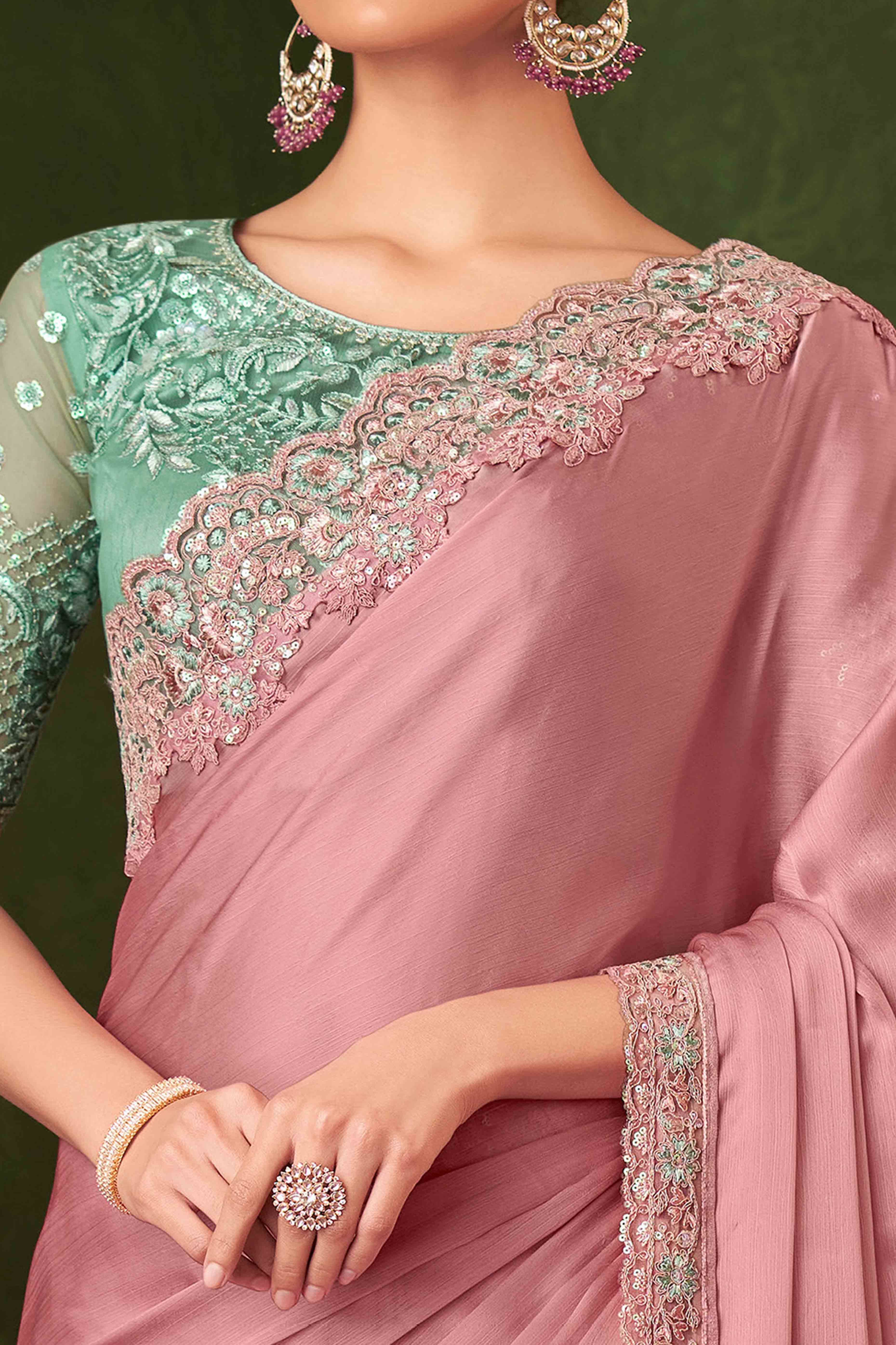 Pastel Pink Sequins Embroidered Chiffon Saree - Image 2