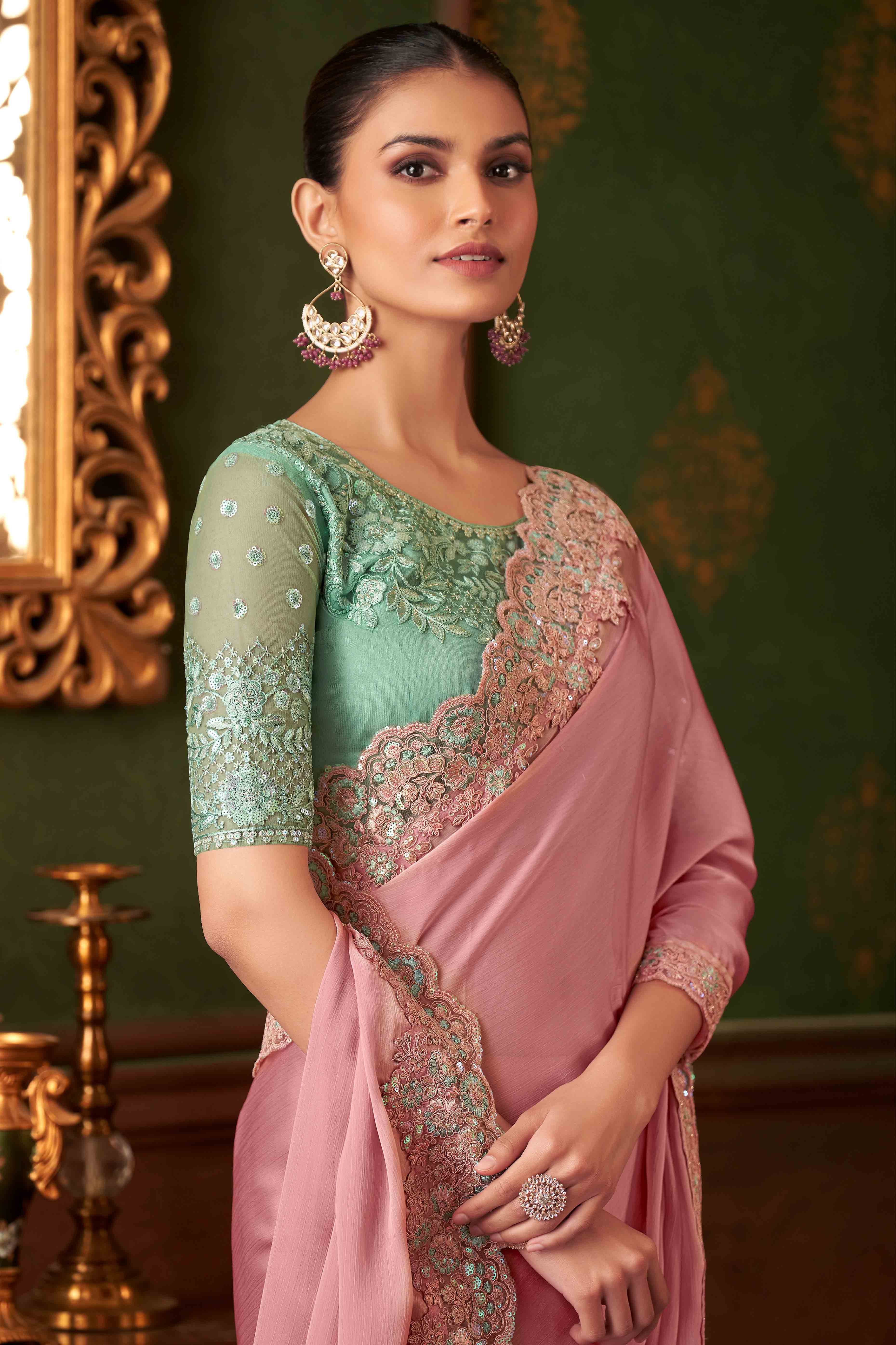Pastel Pink Sequins Embroidered Chiffon Saree - Image 3
