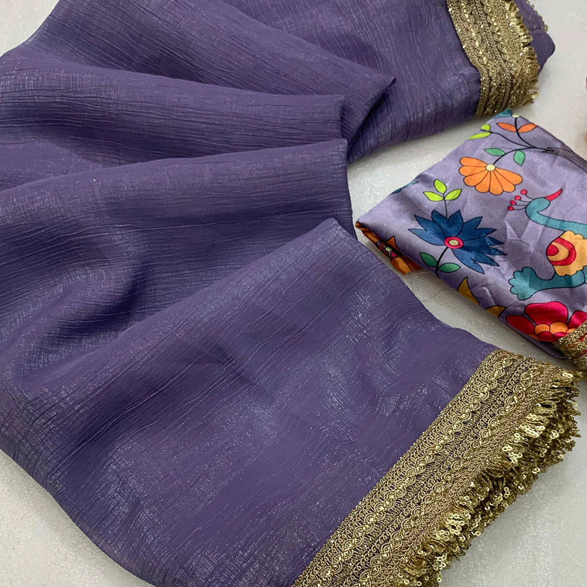 Pastel Purple Solid Fancy Fabric Saree With Zari Sequins Lace Border - Image 2
