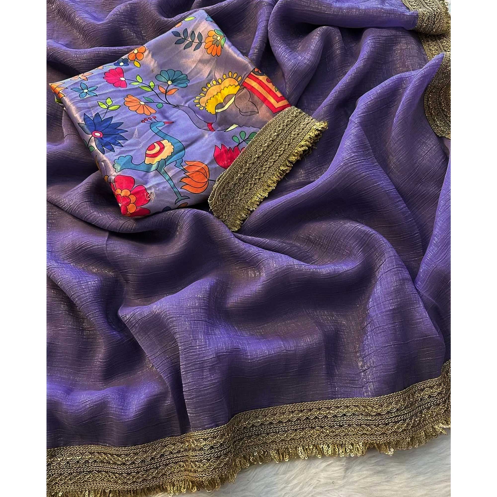 Pastel Purple Solid Fancy Fabric Saree With Zari Sequins Lace Border - Image 3