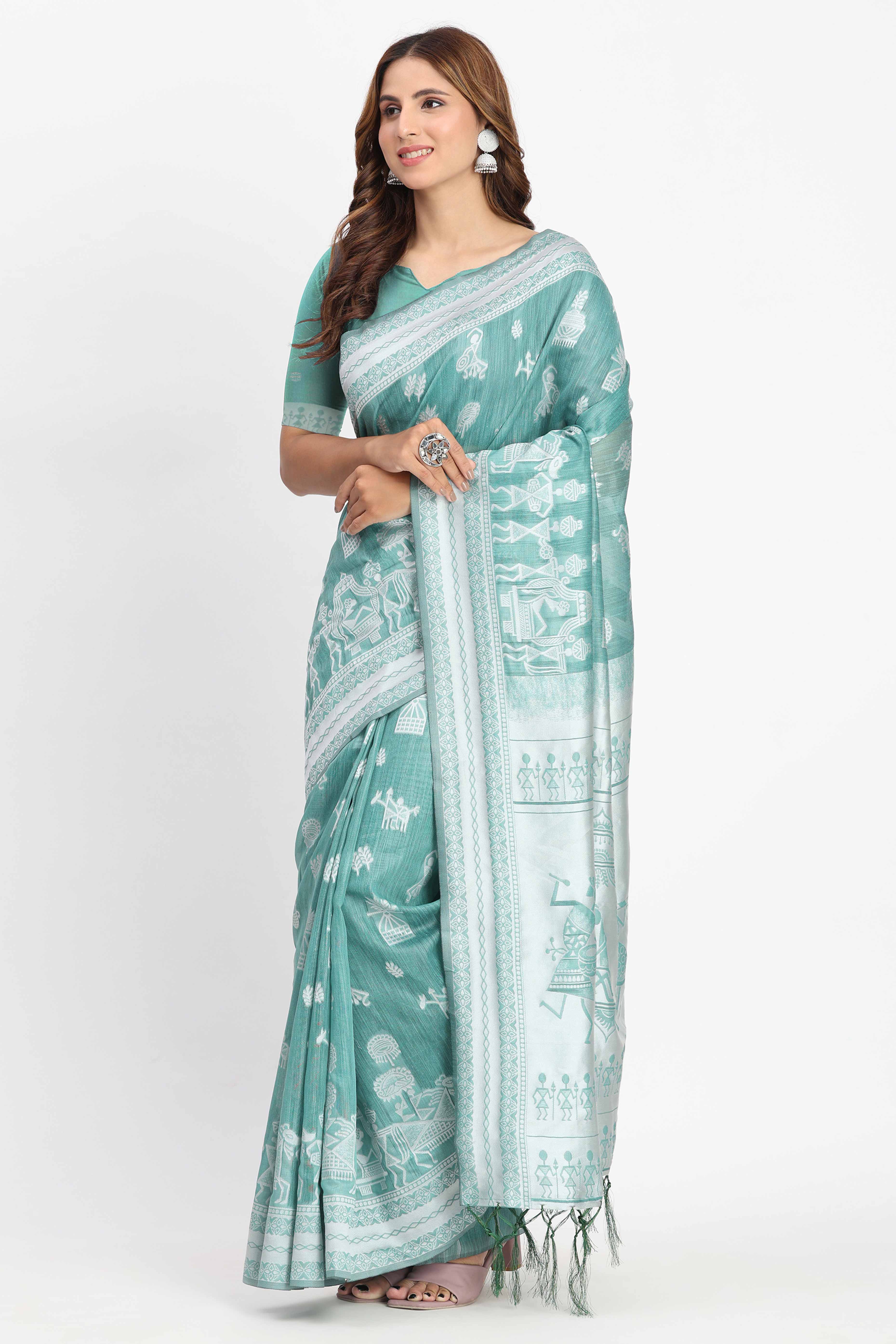 Pastel Sea Green Linen Cotton Saree Showcasing Warli Motifs In Zari Weaving With Tassel Pallu - Image 5