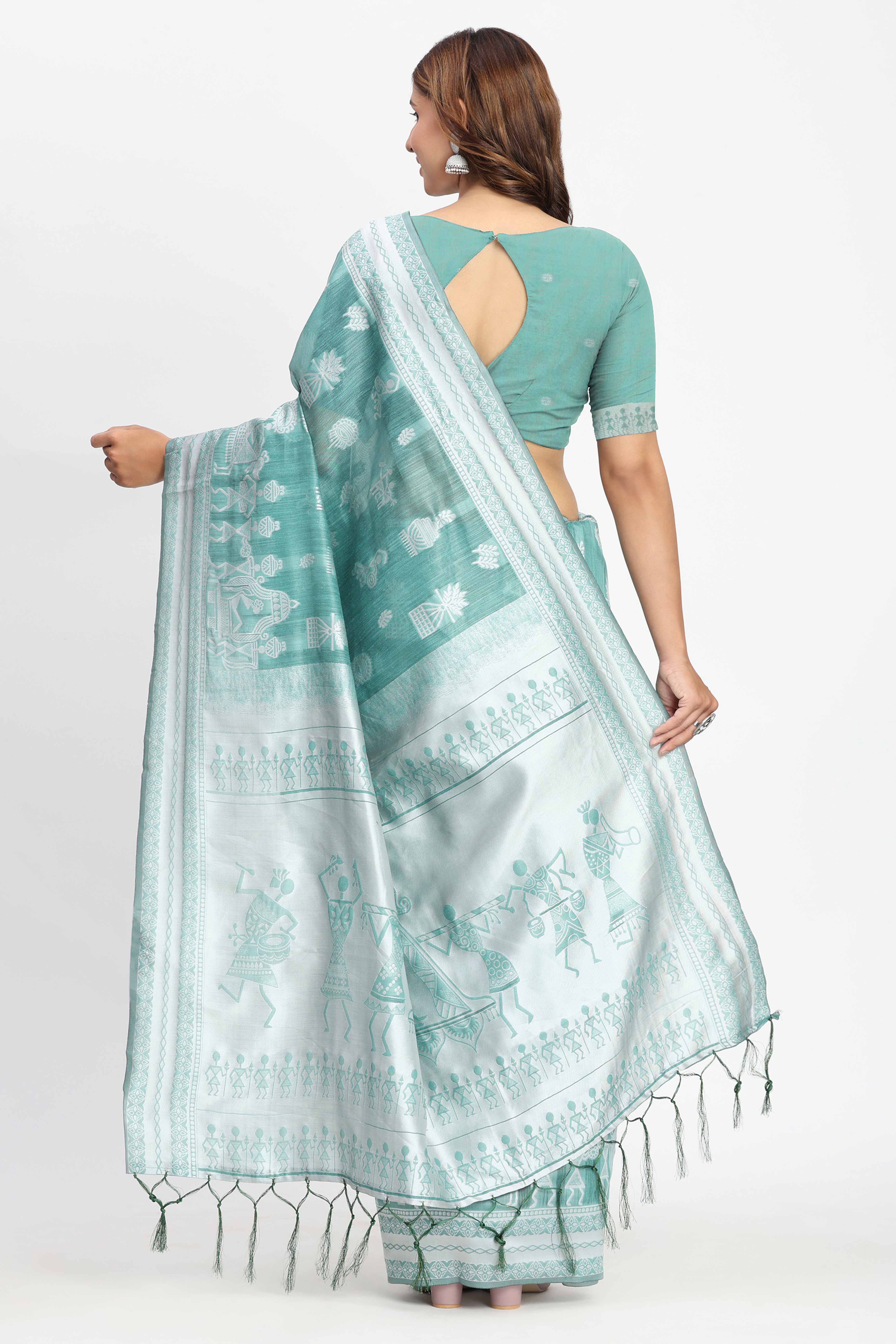 Pastel Sea Green Linen Cotton Saree Showcasing Warli Motifs In Zari Weaving With Tassel Pallu - Image 6