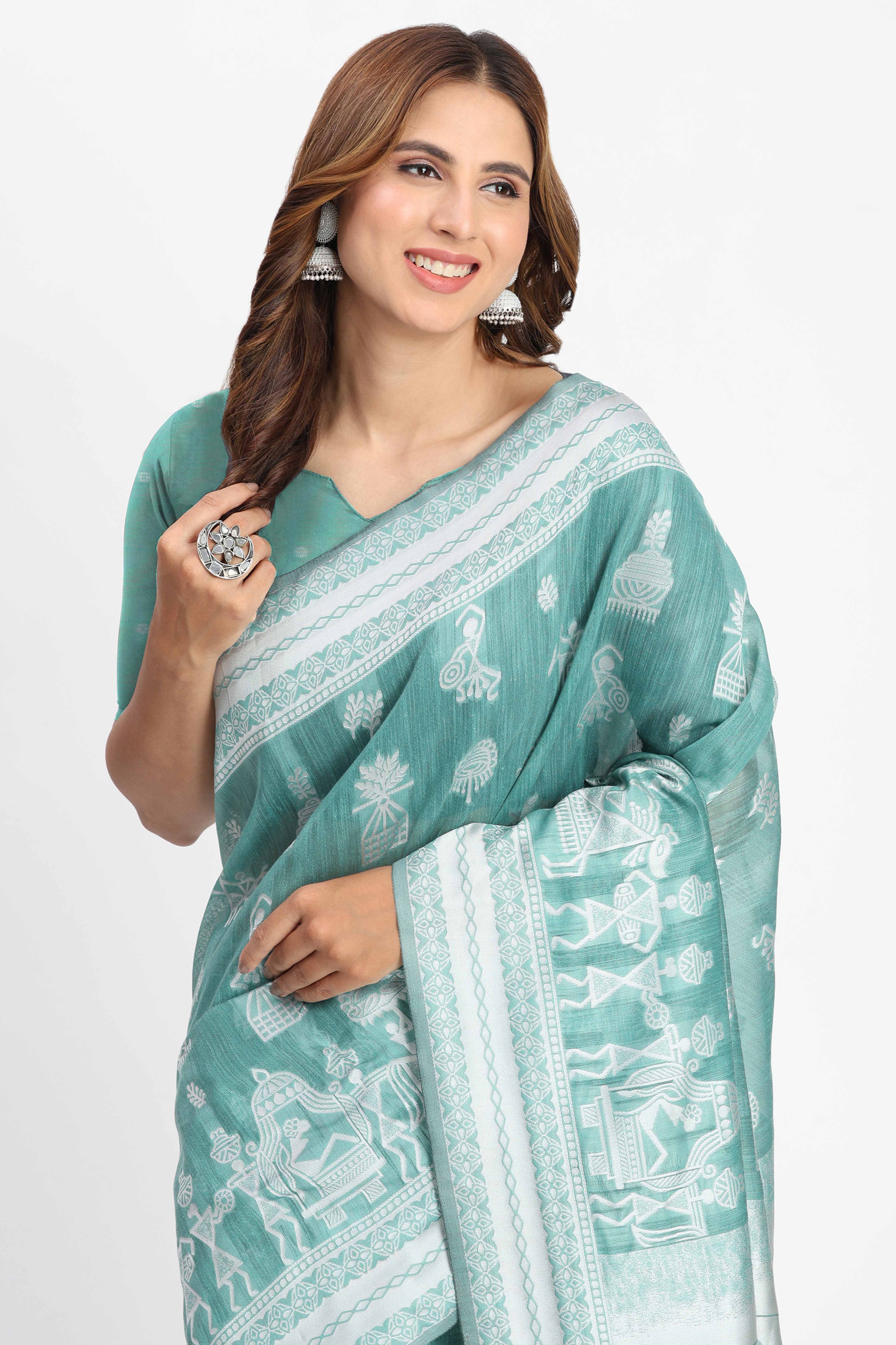 Pastel Sea Green Linen Cotton Saree Showcasing Warli Motifs In Zari Weaving With Tassel Pallu - Image 7