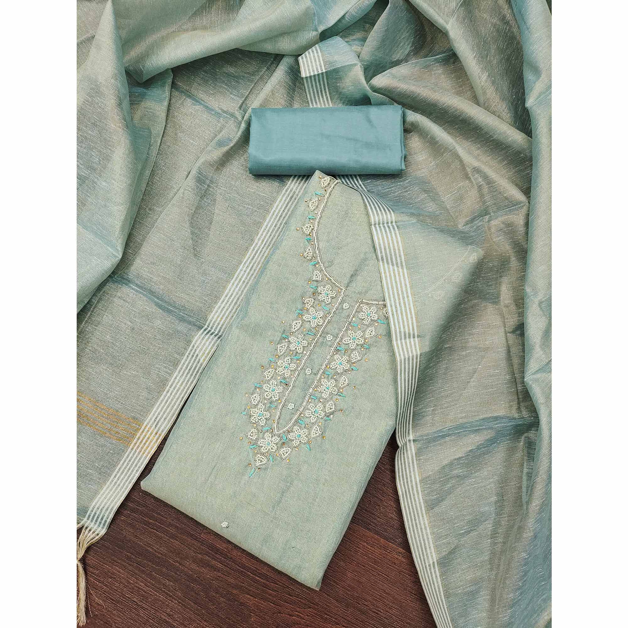 Pastel Sea Green Shimmer Cotton  Pure Cotton Dress Material With Intricate Moti & Stones Handwork - Image 3