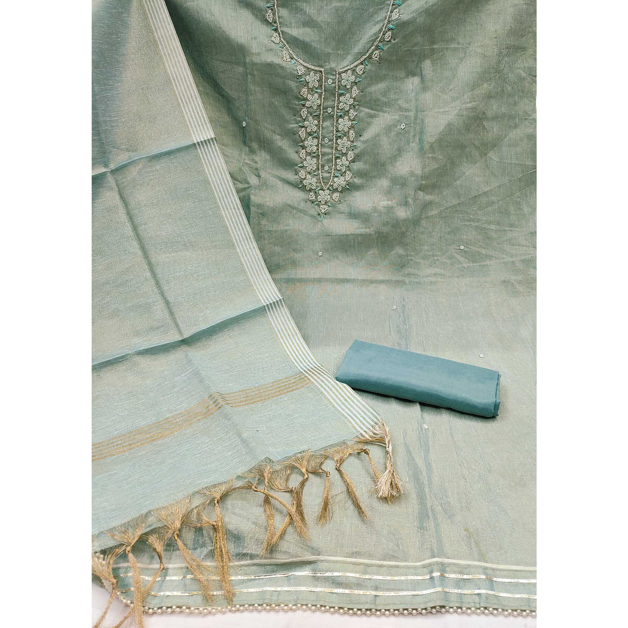 Pastel Sea Green Shimmer Cotton  Pure Cotton Dress Material With Intricate Moti & Stones Handwork - Image 4