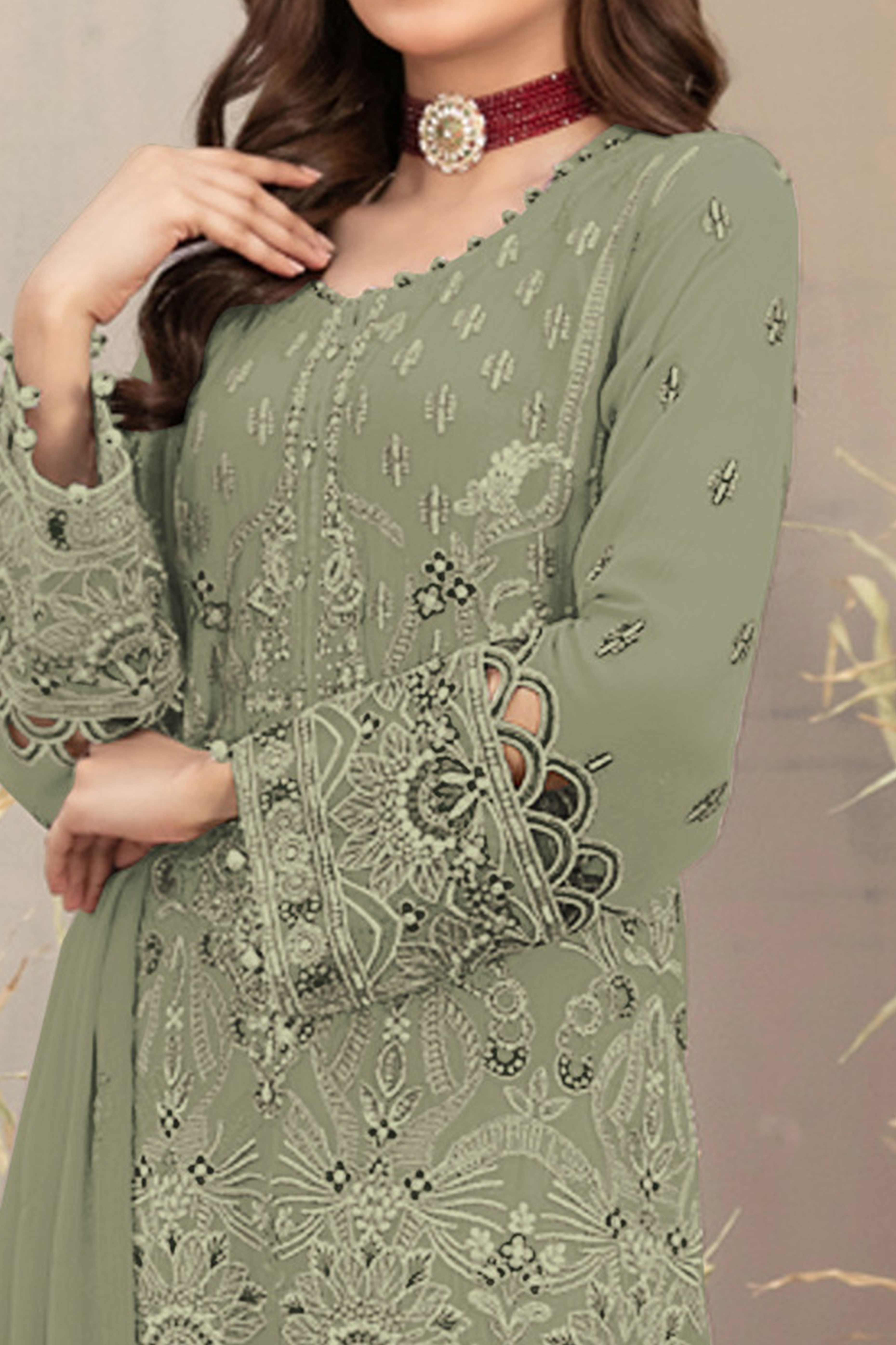 Pastel Green Floral Embroidered Heavy Georgette Dress Material - Image 2
