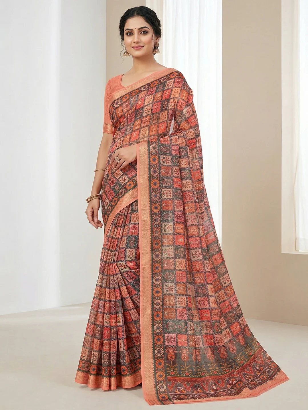 Peach Abstract Digital Print Cotton Blend Saree with Fine Fabric Texture and Elegant Look