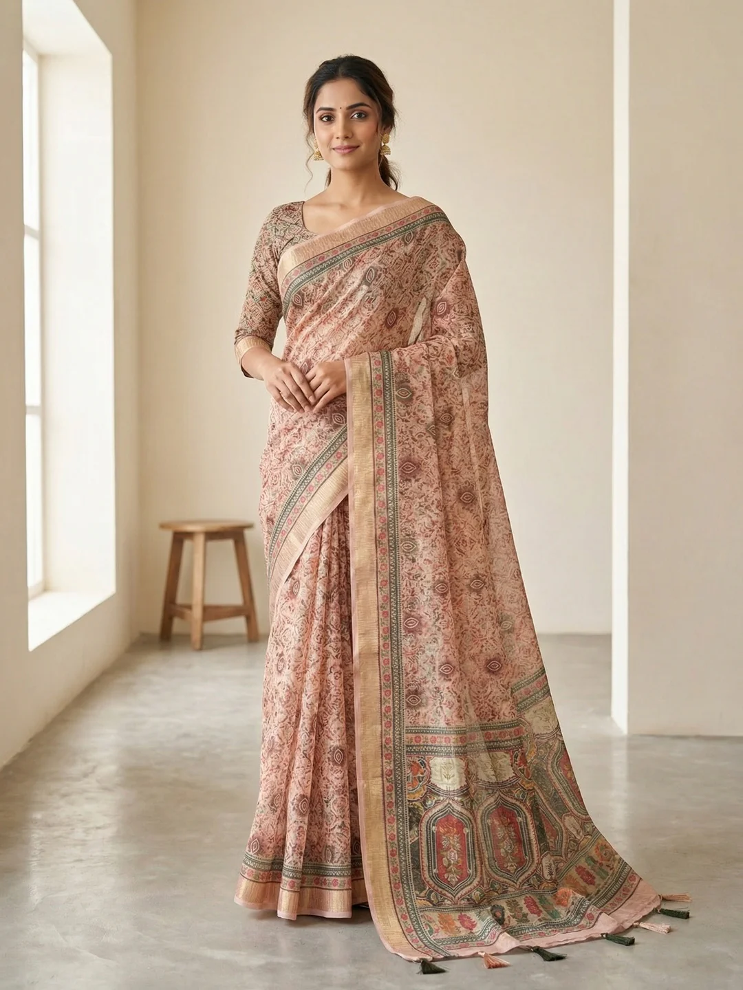 Peach Abstract Digital Printed Cotton Blend Saree with Detailed Digital Pattern Finish