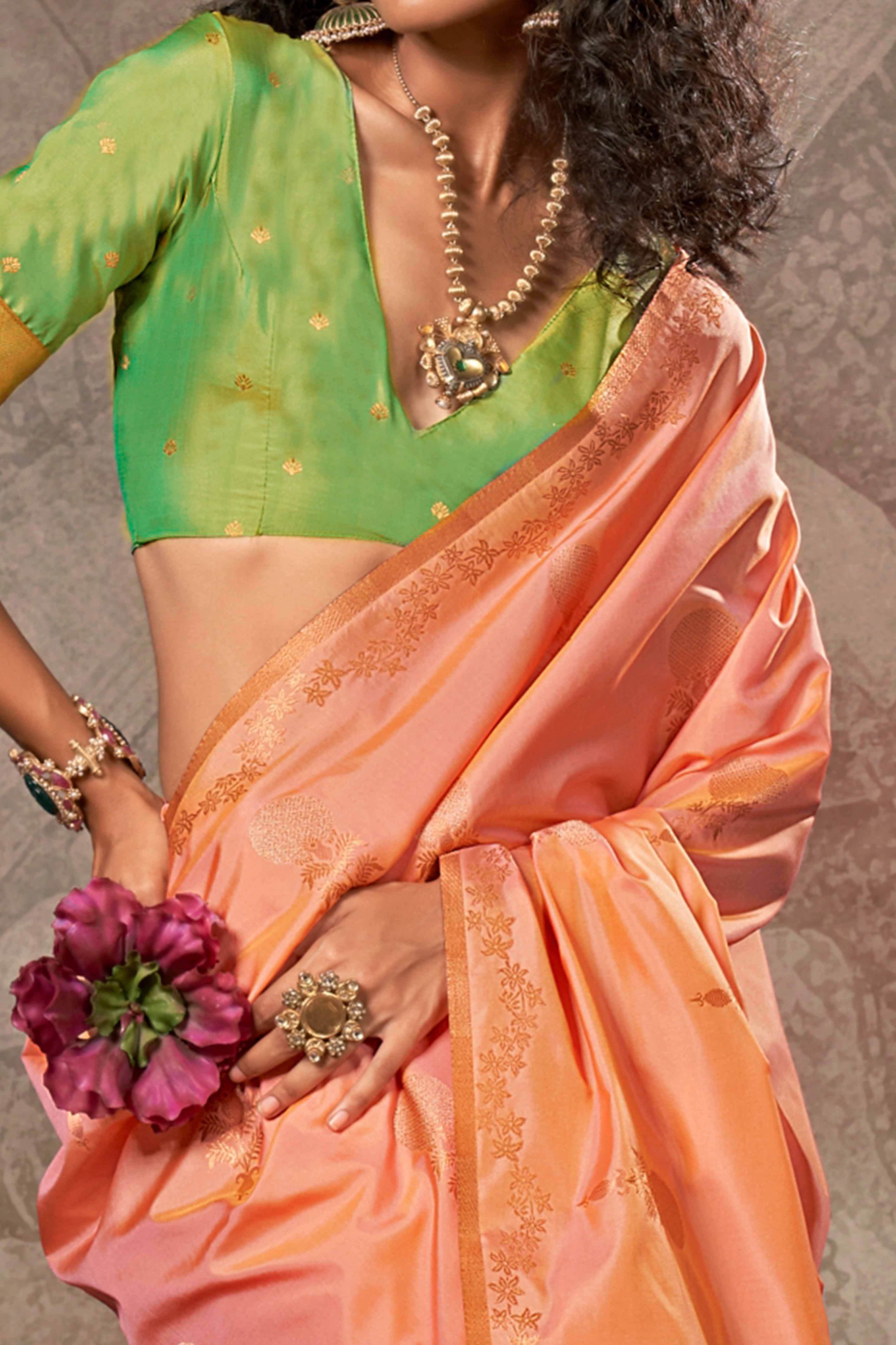 Peach Banarasi Silk Saree with Floral Zari Weaving - Image 2