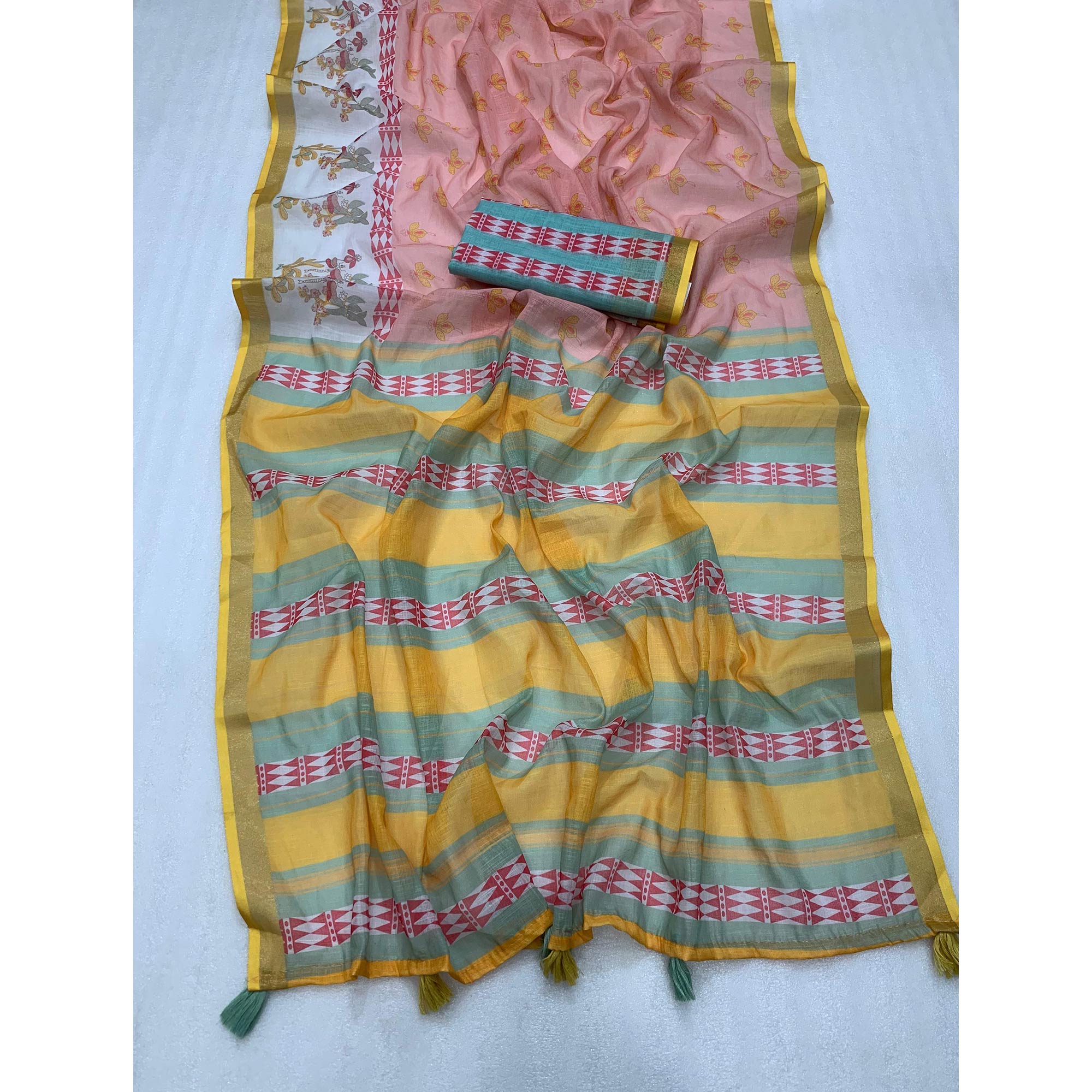 Peach Batik Printed Pure Linen Saree With Tassels - Image 6