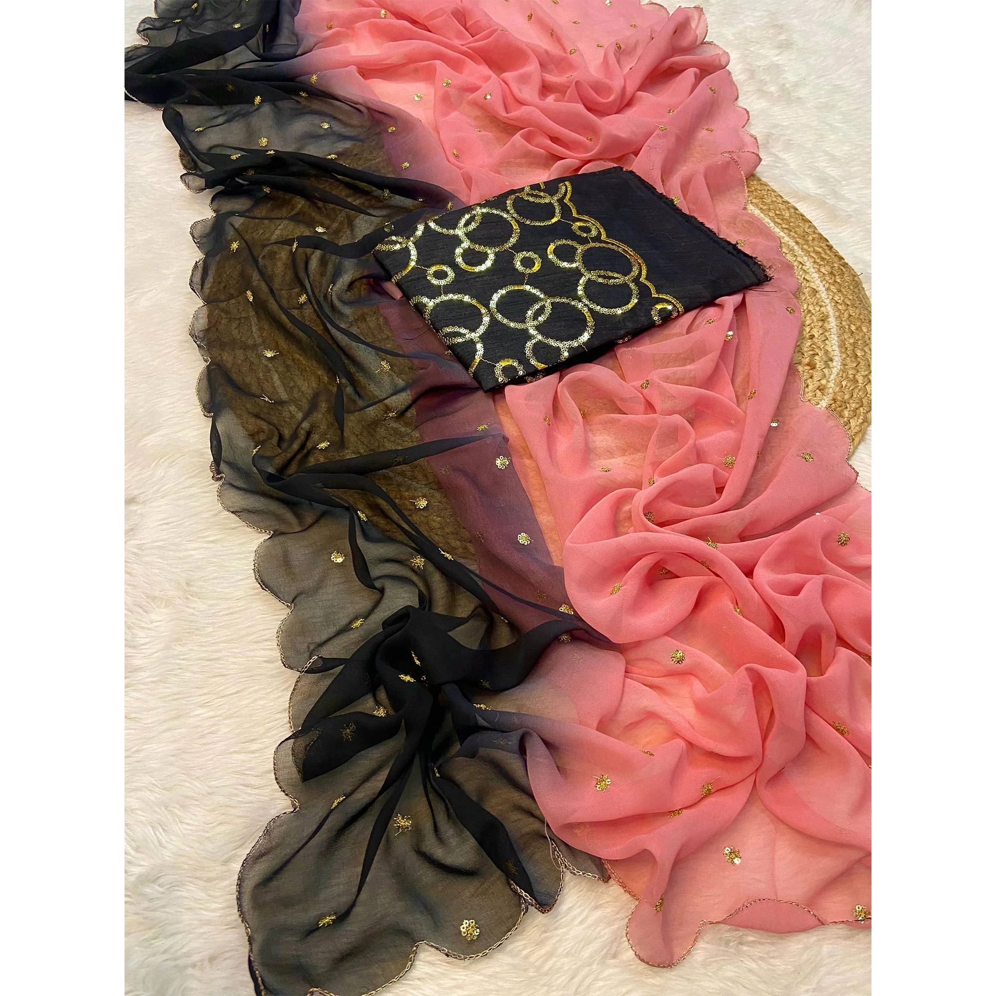 Peach & Black Sequins Embroidered Georgette Saree - Image 4
