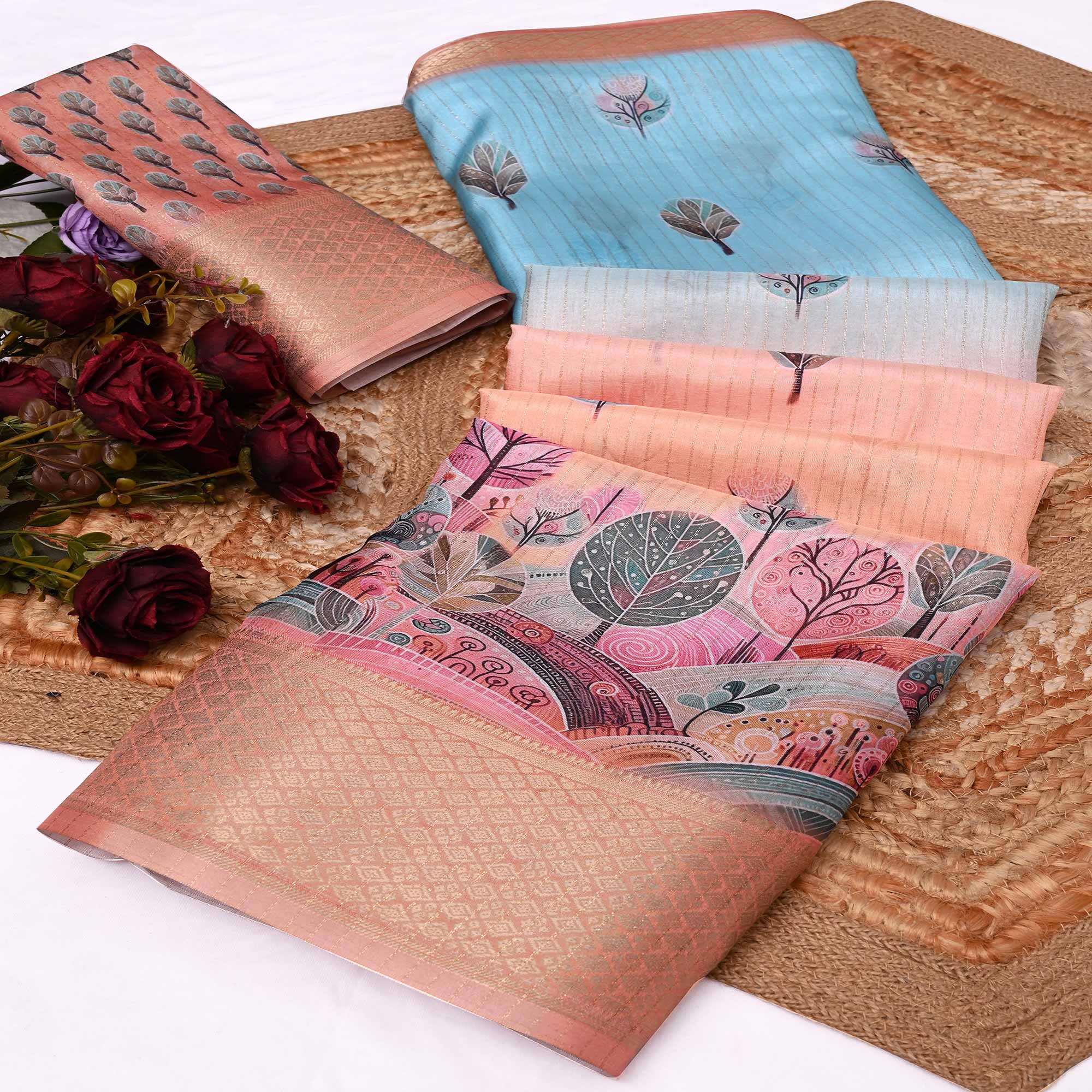 Peach & Blue Floral Printed Dola Silk Saree With Elegant Silver Zari & Intricate Weaving Border