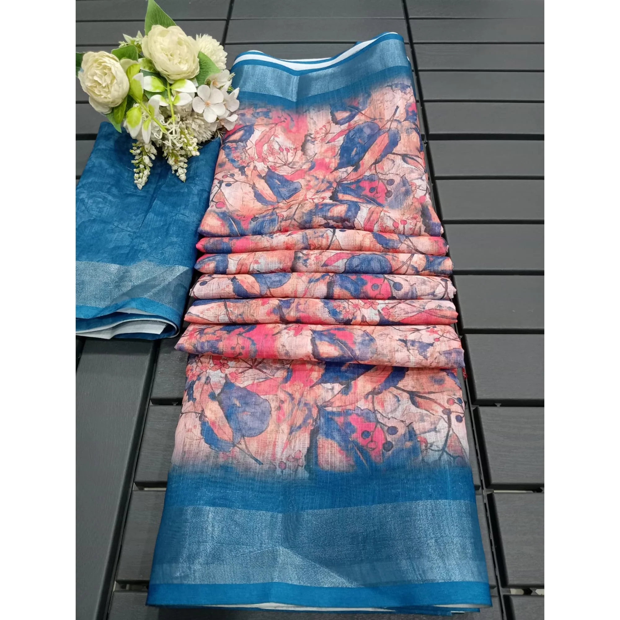 Peach & Blue Floral Printed Linen Saree - Image 4
