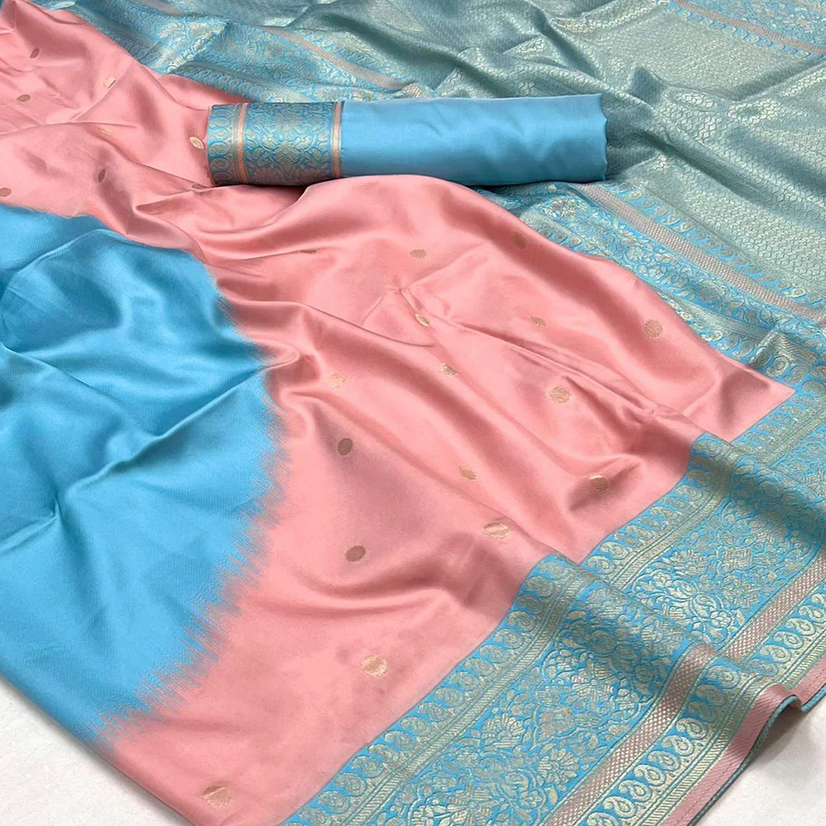 Peach & Blue Zari Butti Work Banarasi Silk Saree - Image 2
