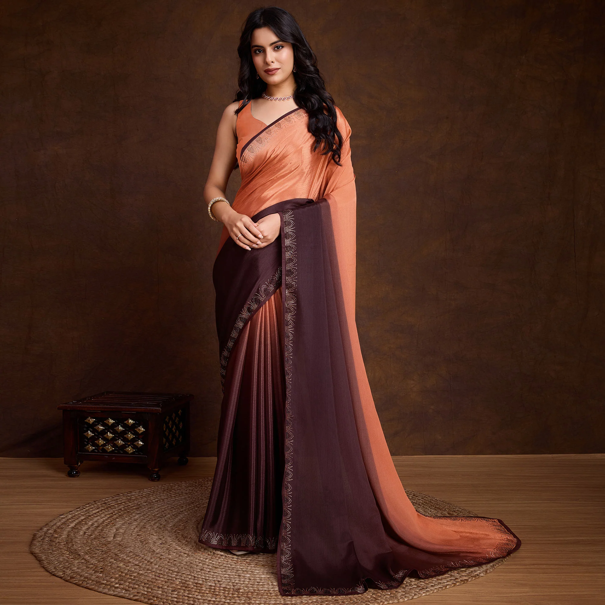 Peach & Brown Swarovski Border Work Chinon Ombre Saree - Image 2