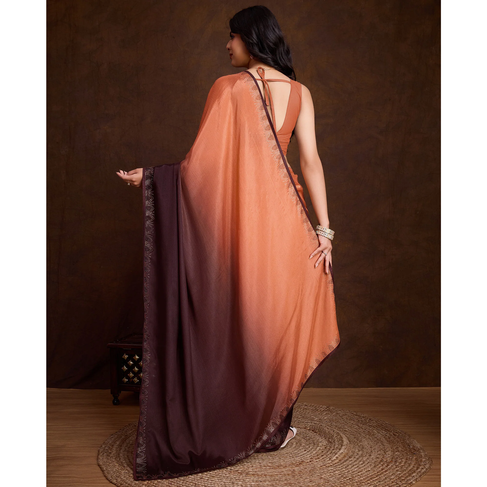 Peach & Brown Swarovski Border Work Chinon Ombre Saree - Image 6