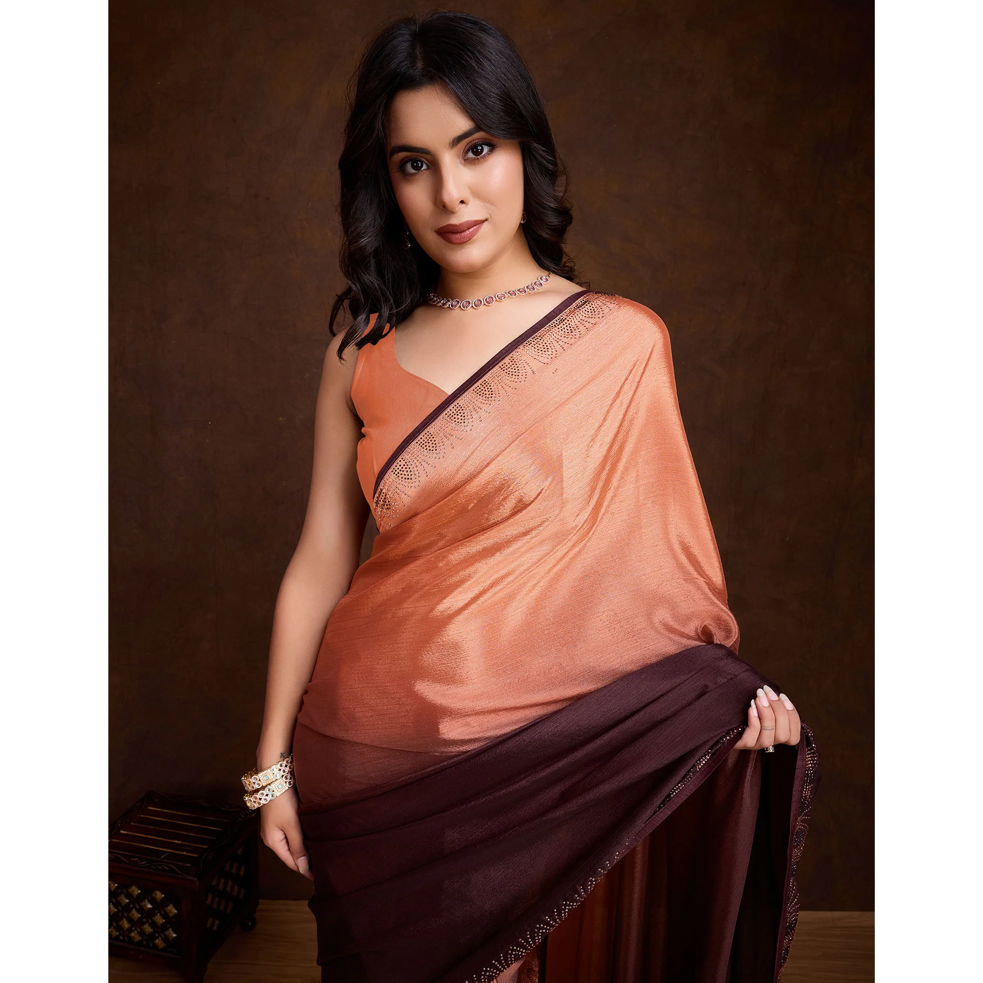 Peach & Brown Swarovski Border Work Chinon Ombre Saree - Image 7