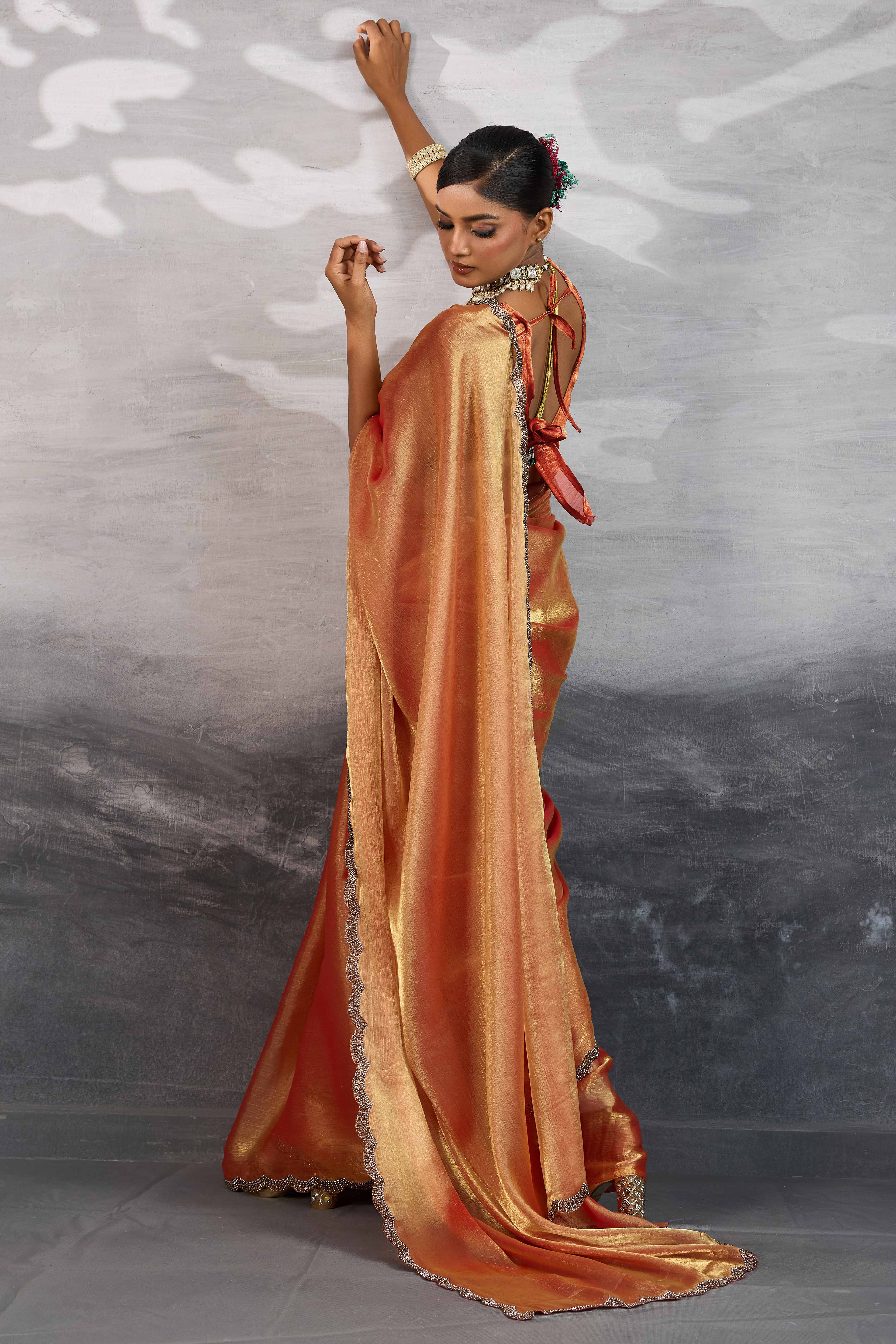 Peach Burberry Chiffon Saree Embellished With Zarkan & Cutdana Appliqué Lace Border - Image 4