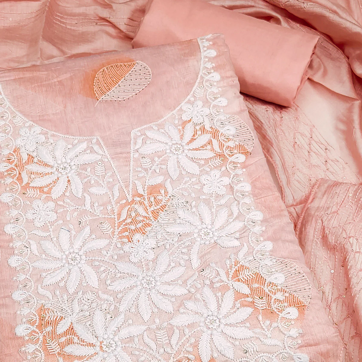 Peach Chanderi Cotton Dress Material Adorned With Floral Thread Embroidery & Sequins Work - Image 2