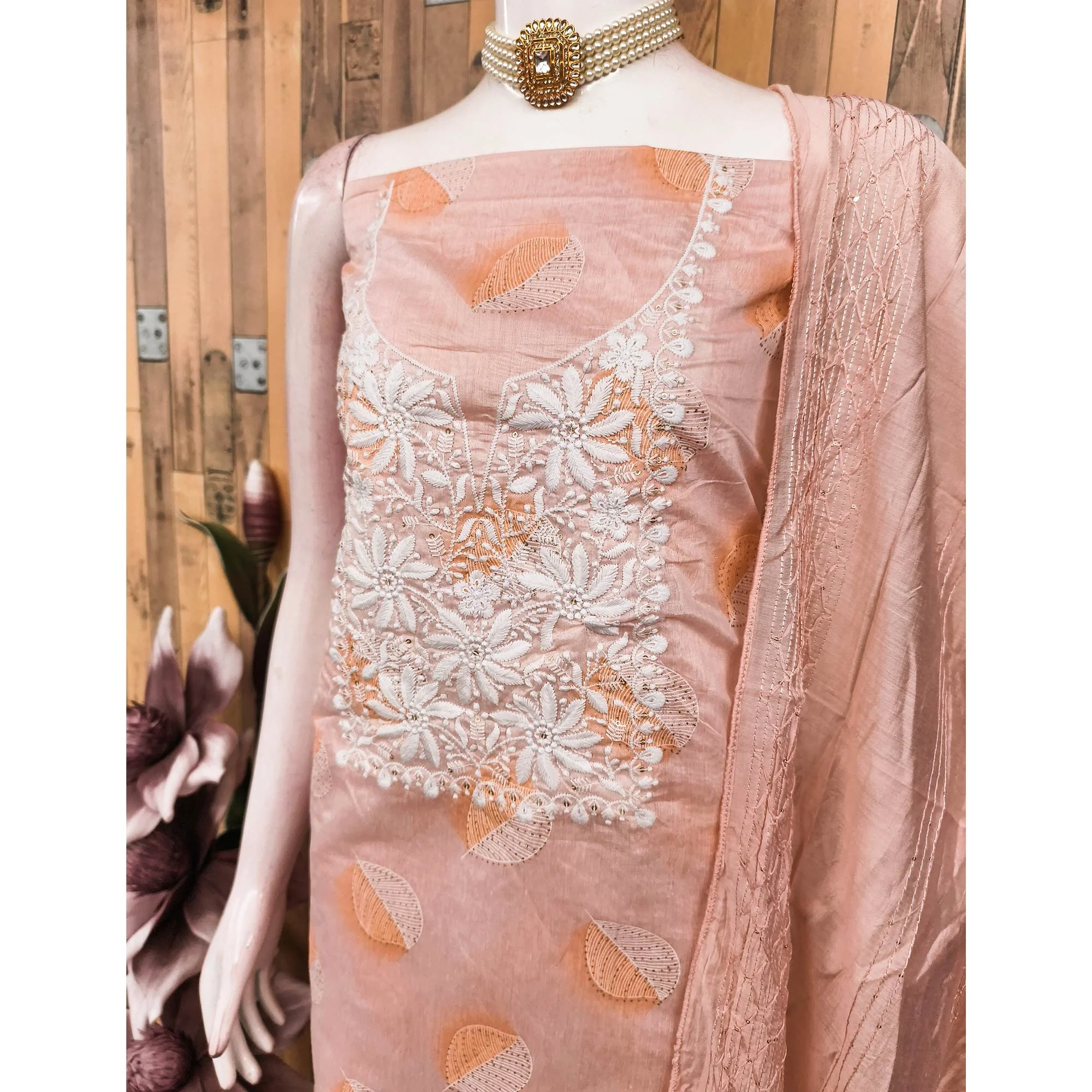Peach Chanderi Cotton Dress Material Adorned With Floral Thread Embroidery & Sequins Work - Image 4