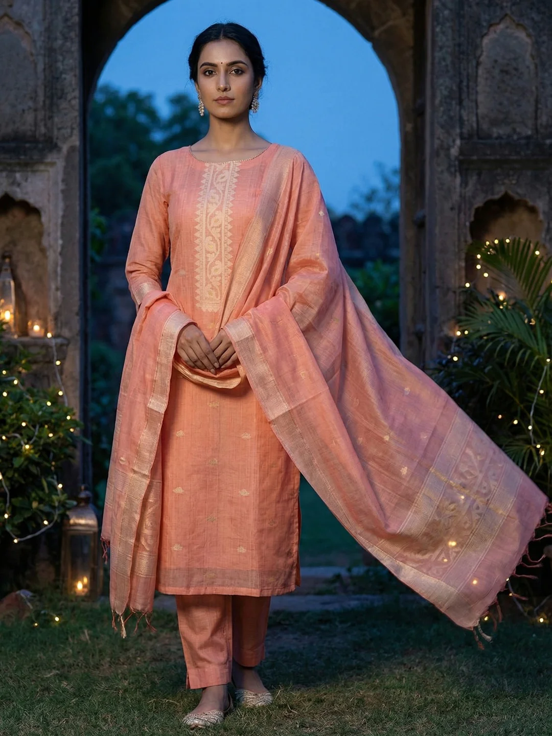 Peach Chanderi Cotton Dress Material Featuring Detailed Woven Design