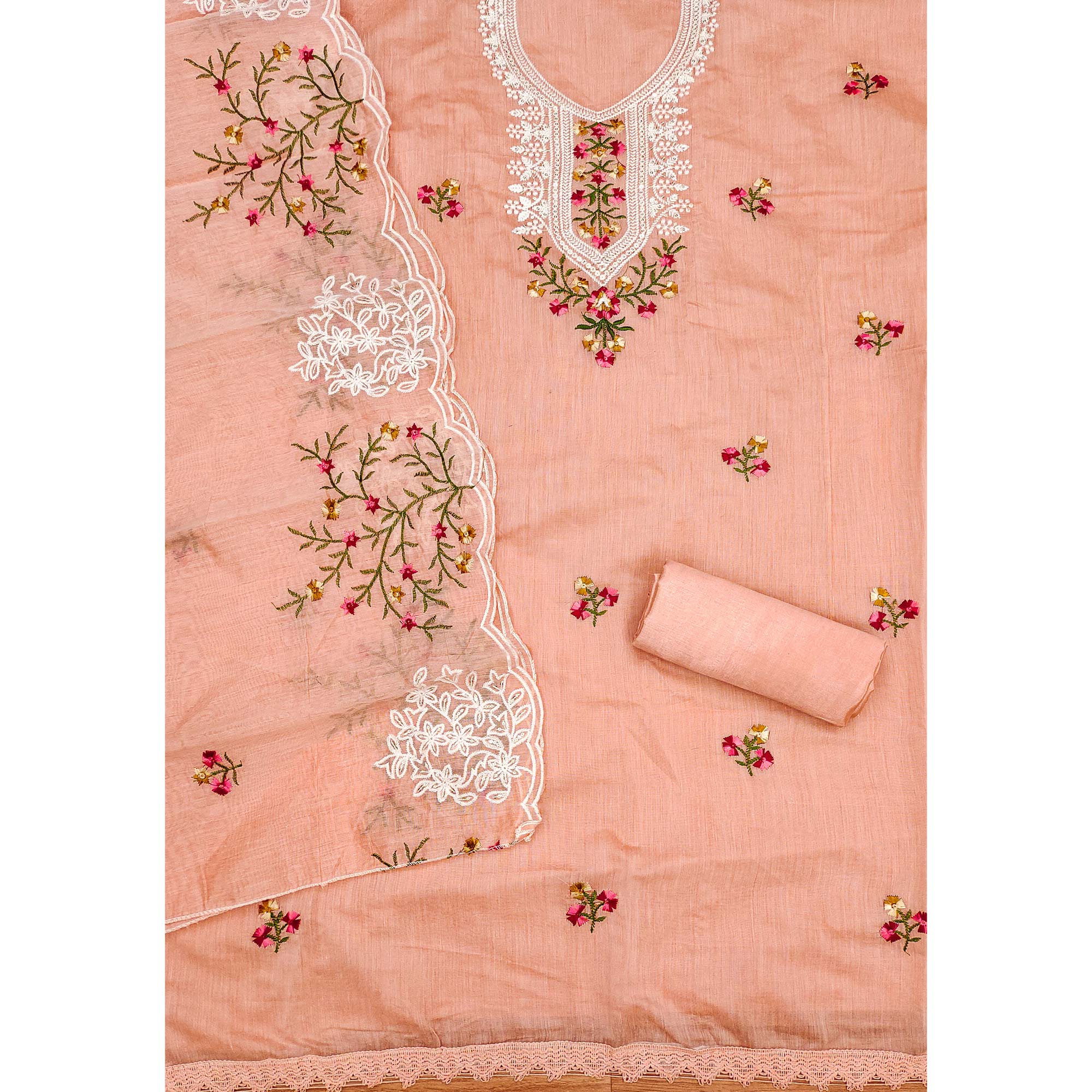 Peach Chanderi Cotton Dress Material With Elegant Floral Sequin Embroidery - Image 4